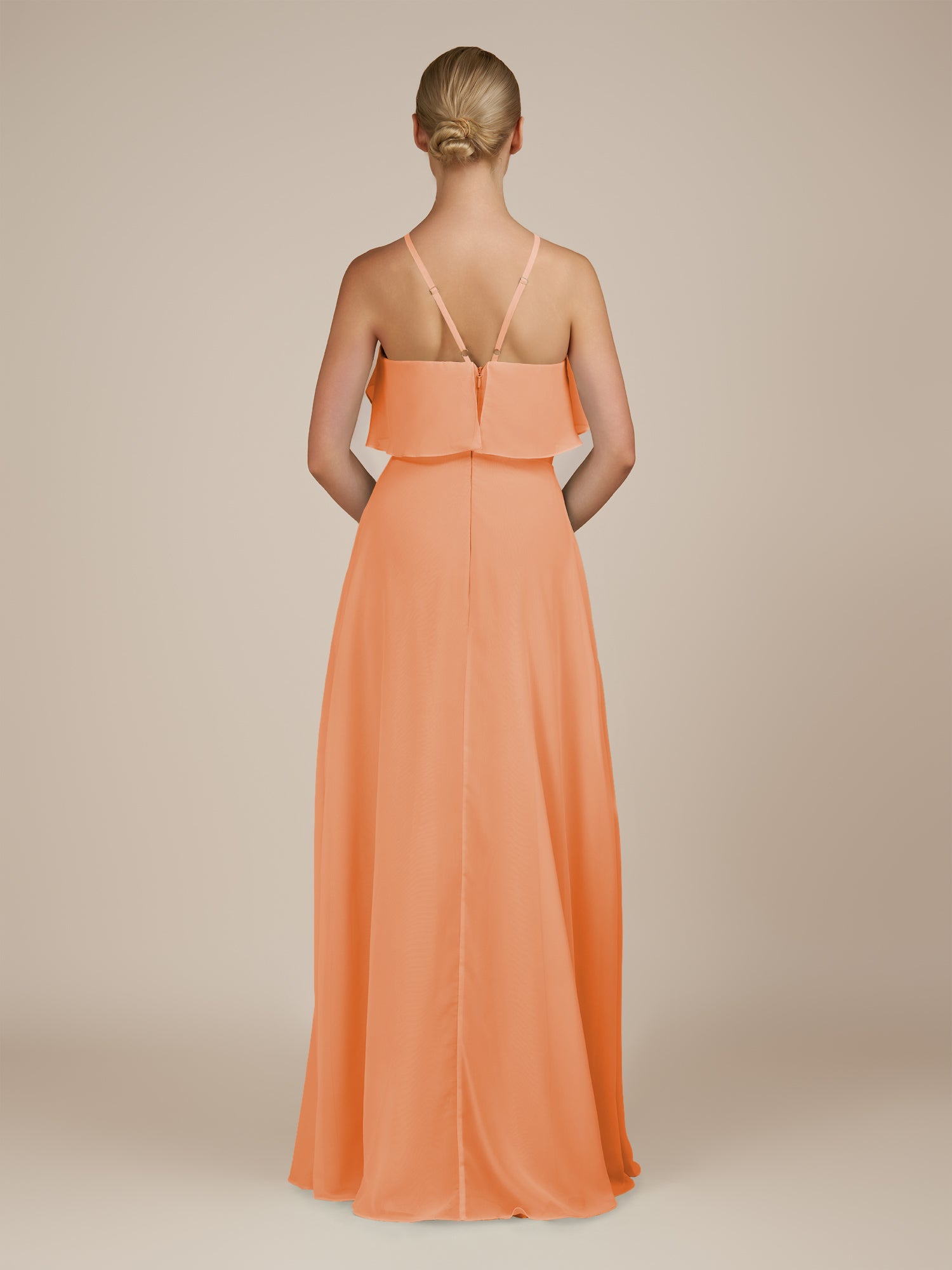KissDress-Wynne Coral A Line Chiffon Halter Neck Ruffled Overlay Long Bridesmaid Dress