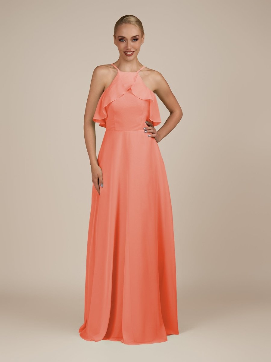 KissDress-Wynne Coral Pink A Line Chiffon Halter Neck Ruffled Overlay Long Bridesmaid Dress