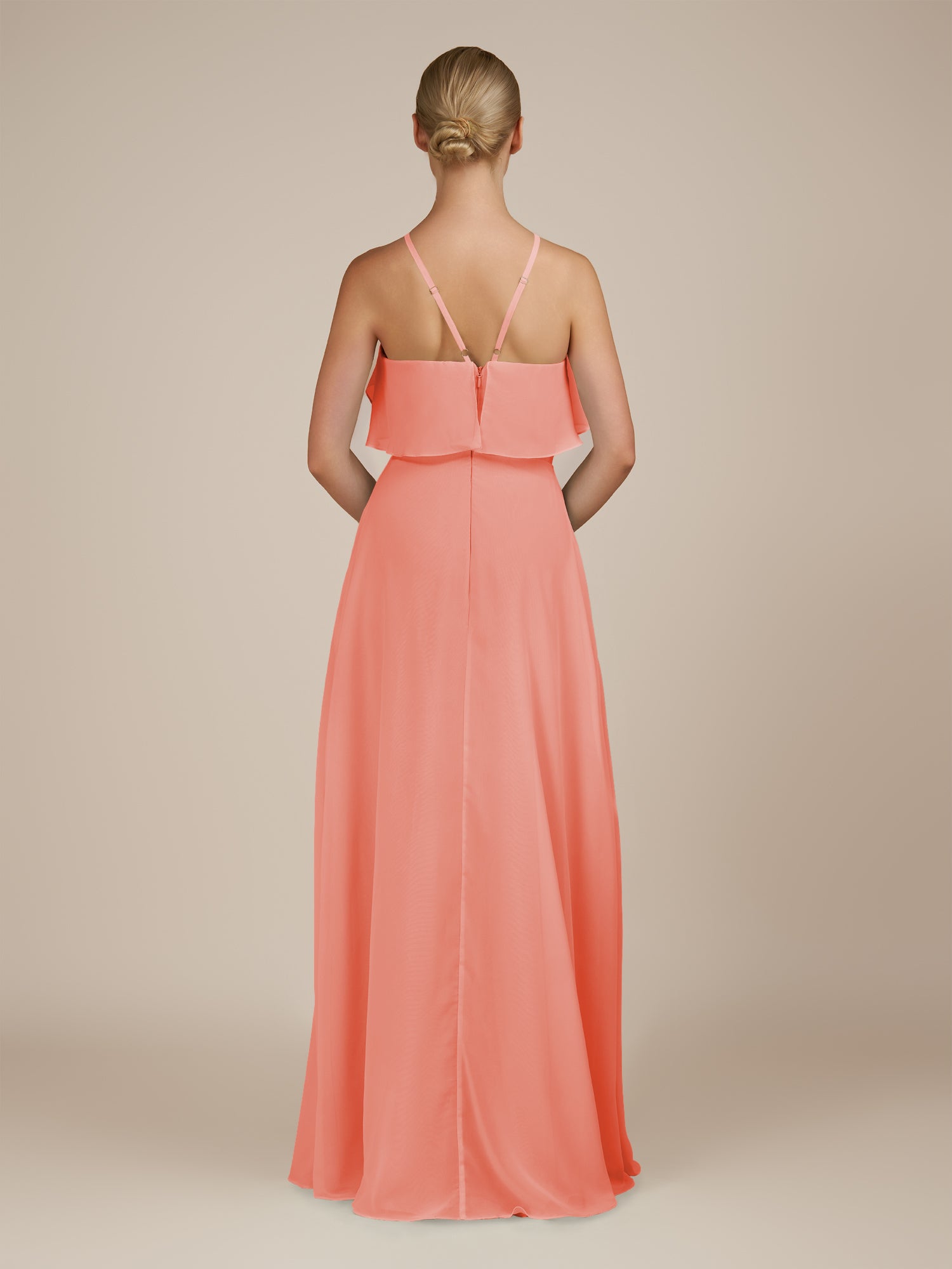 KissDress-Wynne Coral Pink A Line Chiffon Halter Neck Ruffled Overlay Long Bridesmaid Dress