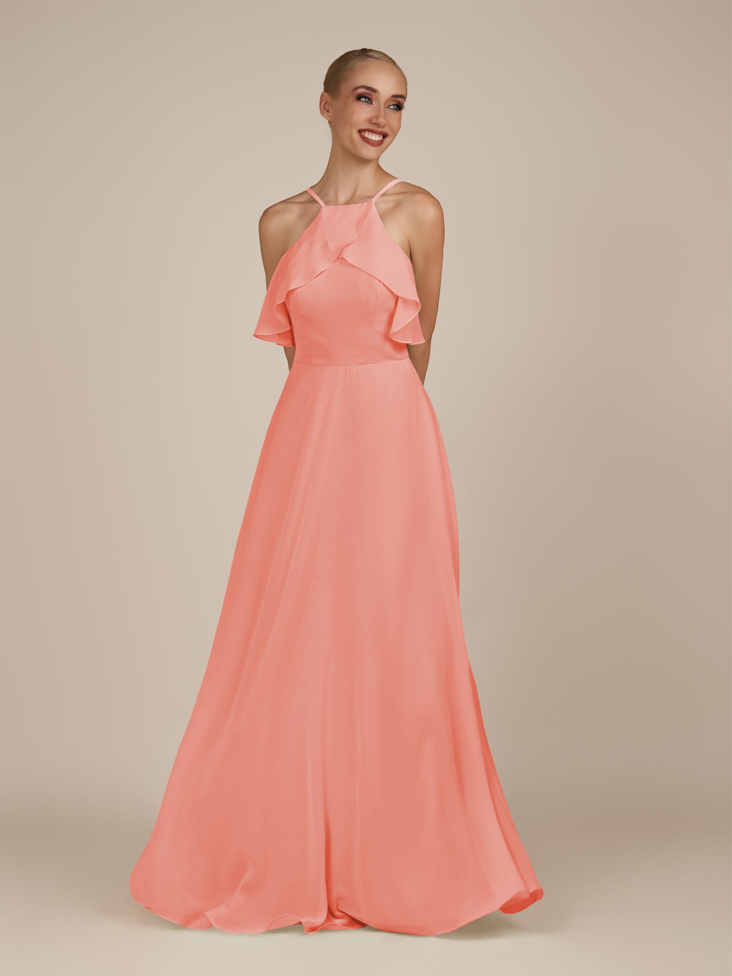 KissDress-Wynne Coral Pink A Line Chiffon Halter Neck Ruffled Overlay Long Bridesmaid Dress