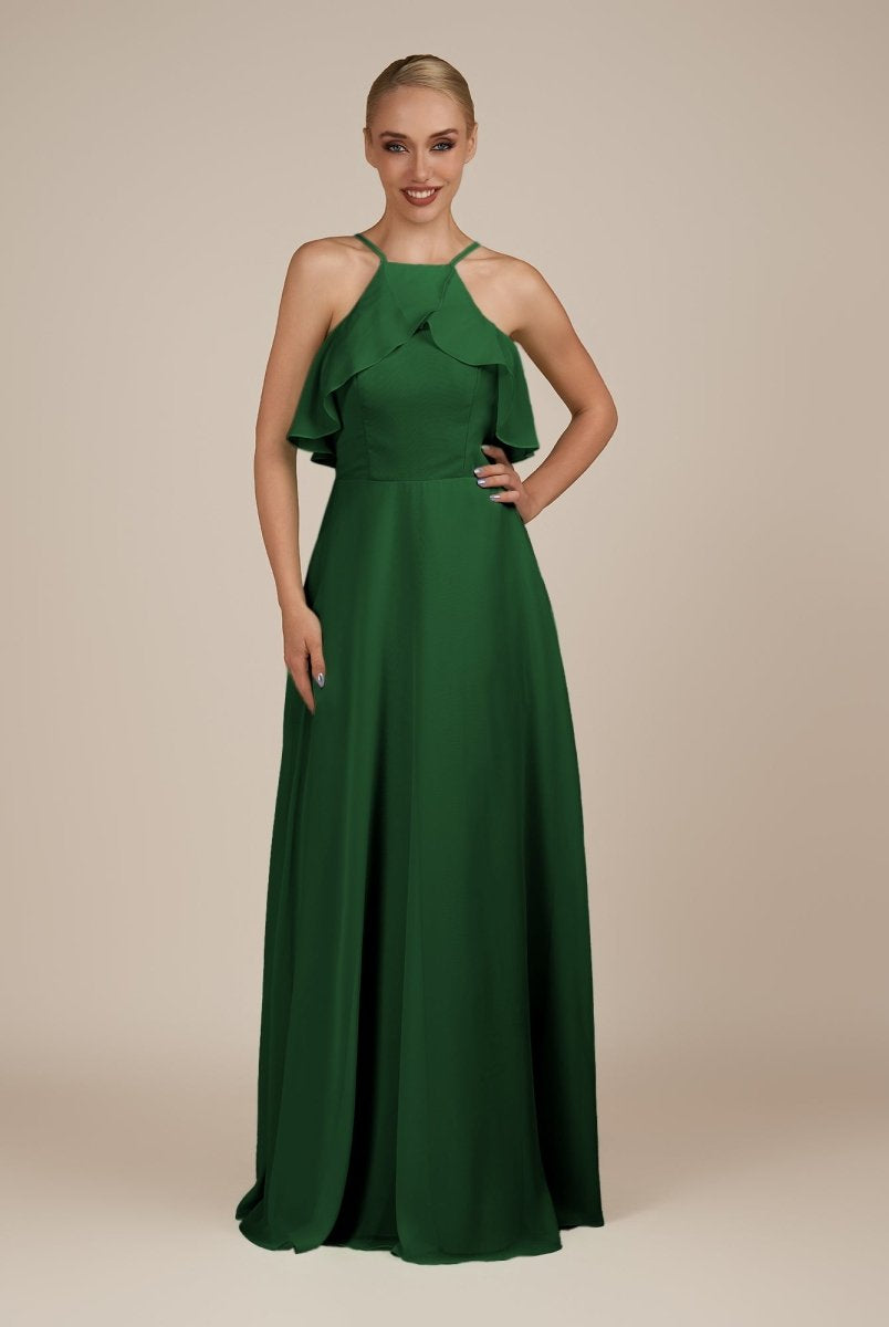KissDress-Wynne Dark Green A Line Chiffon Halter Neck Ruffled Overlay Long Bridesmaid Dress