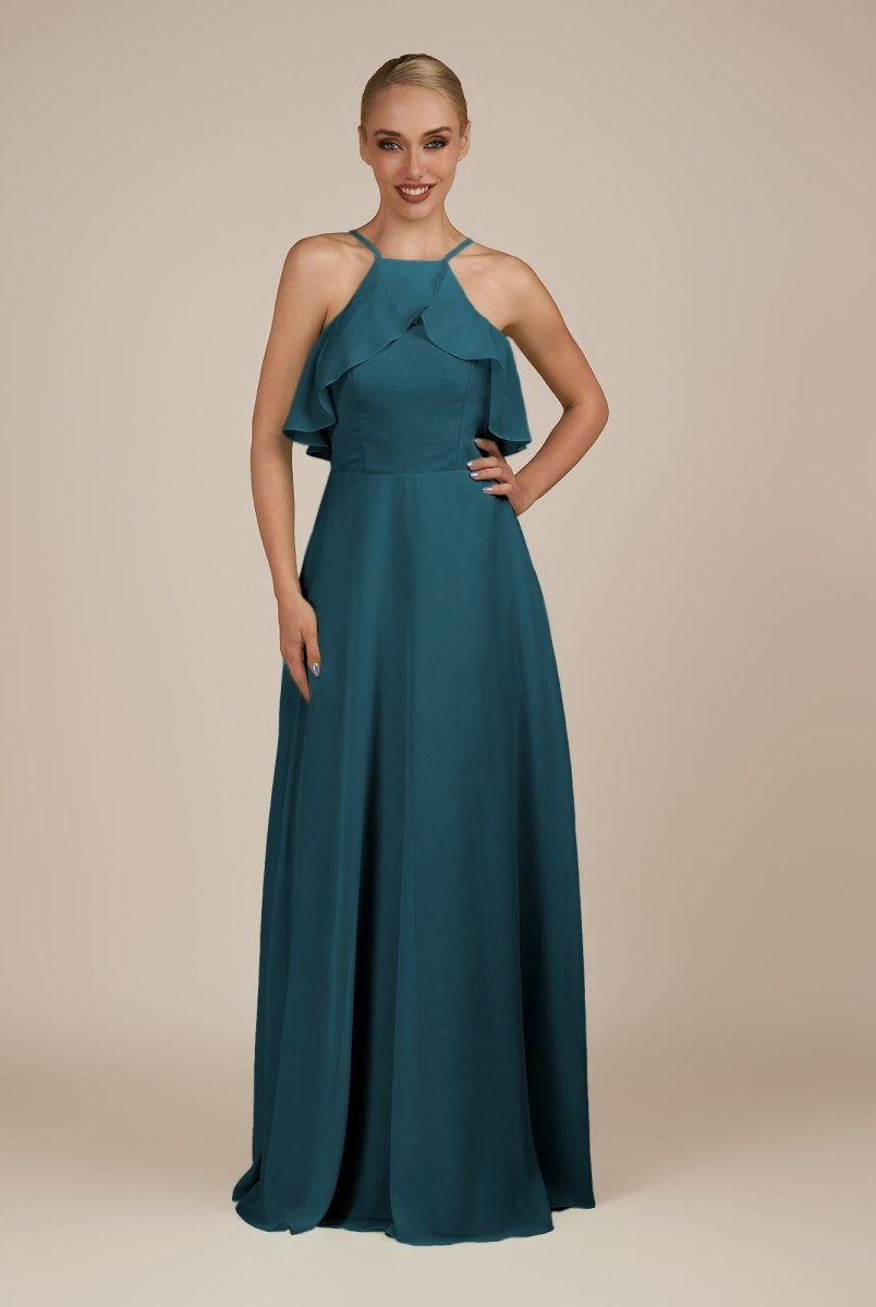 KissDress-Wynne Dark Teal A Line Chiffon Halter Neck Ruffled Overlay Long Bridesmaid Dress