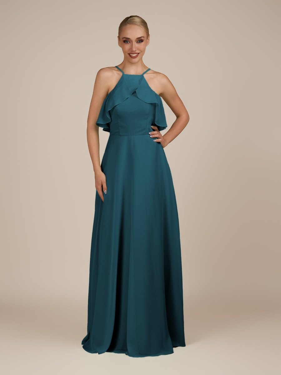KissDress-Wynne Dark Teal A Line Chiffon Halter Neck Ruffled Overlay Long Bridesmaid Dress