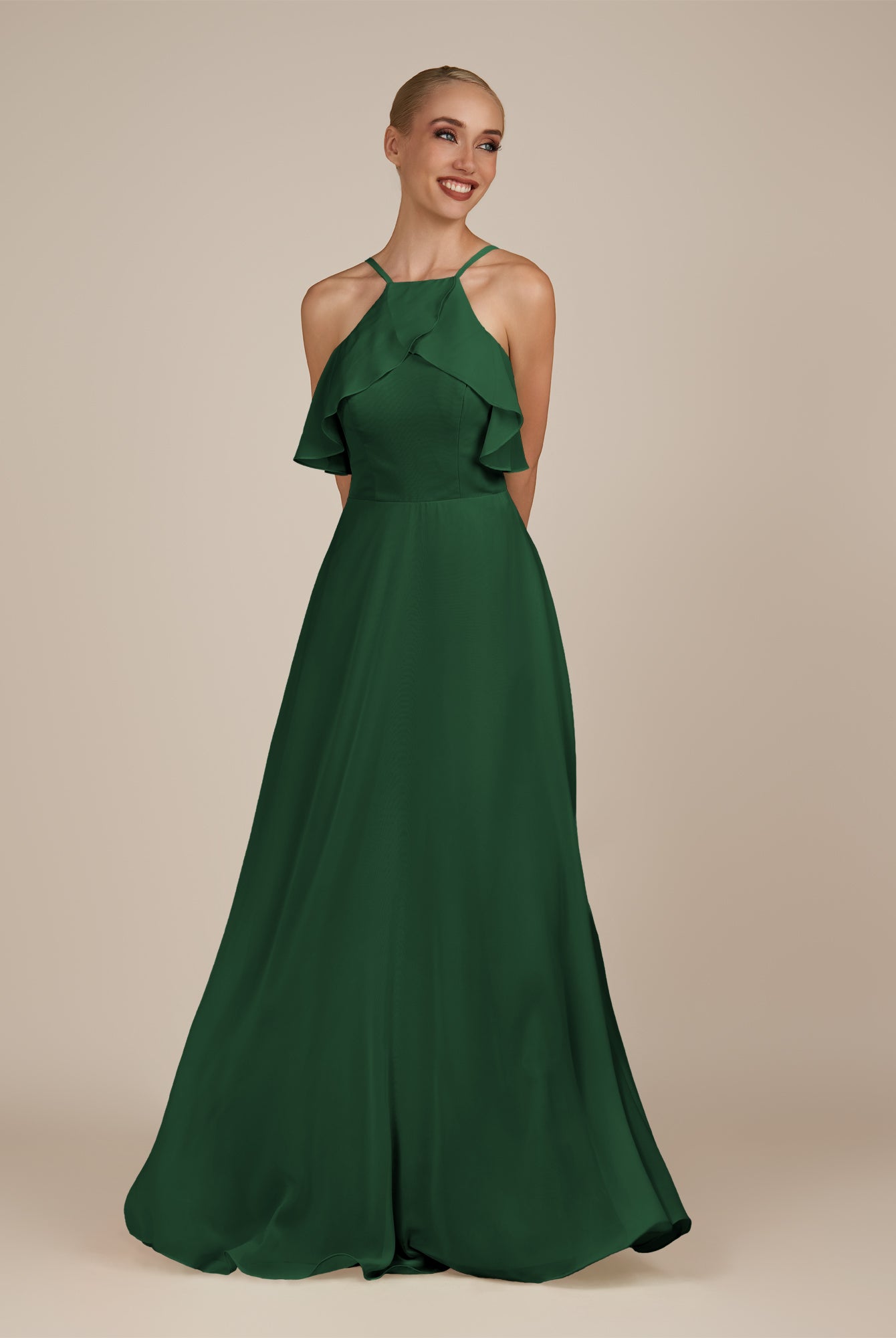KissDress-Wynne Dark Green A Line Chiffon Halter Neck Ruffled Overlay Long Bridesmaid Dress