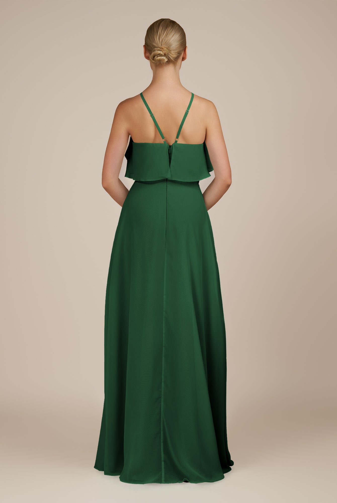 KissDress-Wynne Dark Green A Line Chiffon Halter Neck Ruffled Overlay Long Bridesmaid Dress