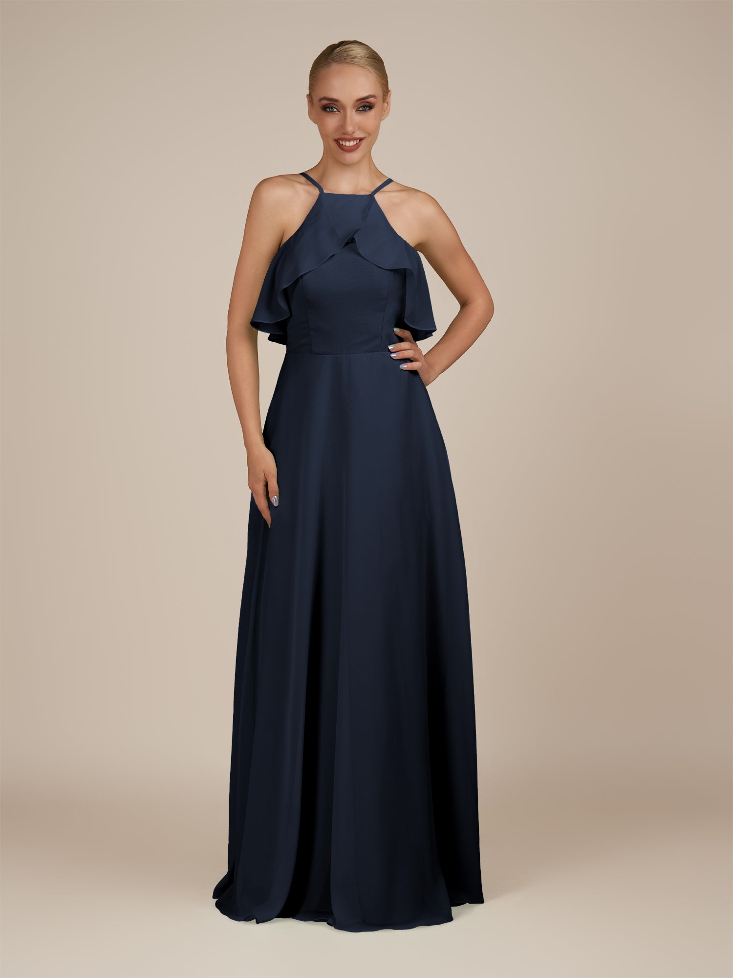 KissDress-Wynne Dark Navy A Line Chiffon Halter Neck Ruffled Overlay Long Bridesmaid Dress