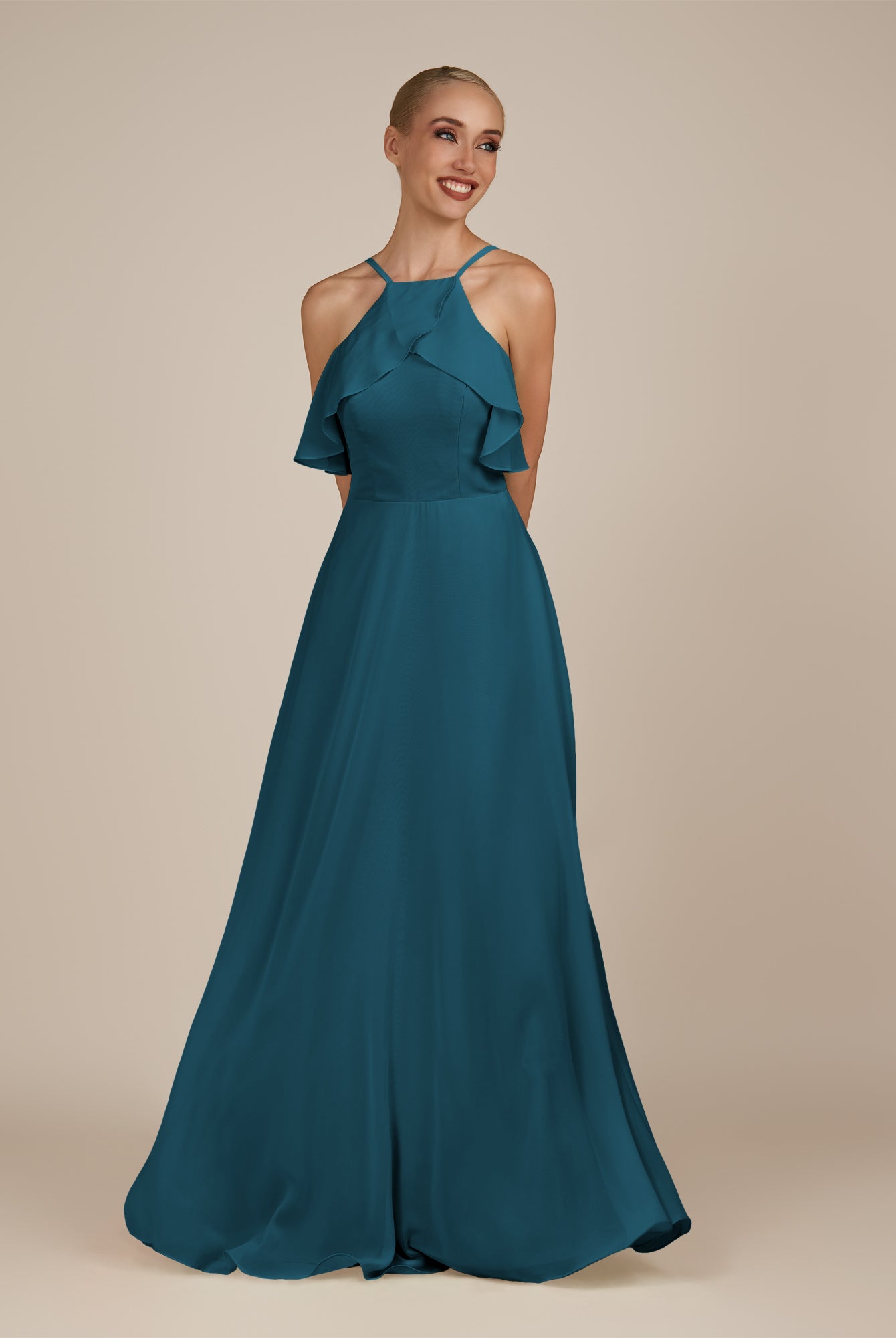 KissDress-Wynne Dark Teal A Line Chiffon Halter Neck Ruffled Overlay Long Bridesmaid Dress
