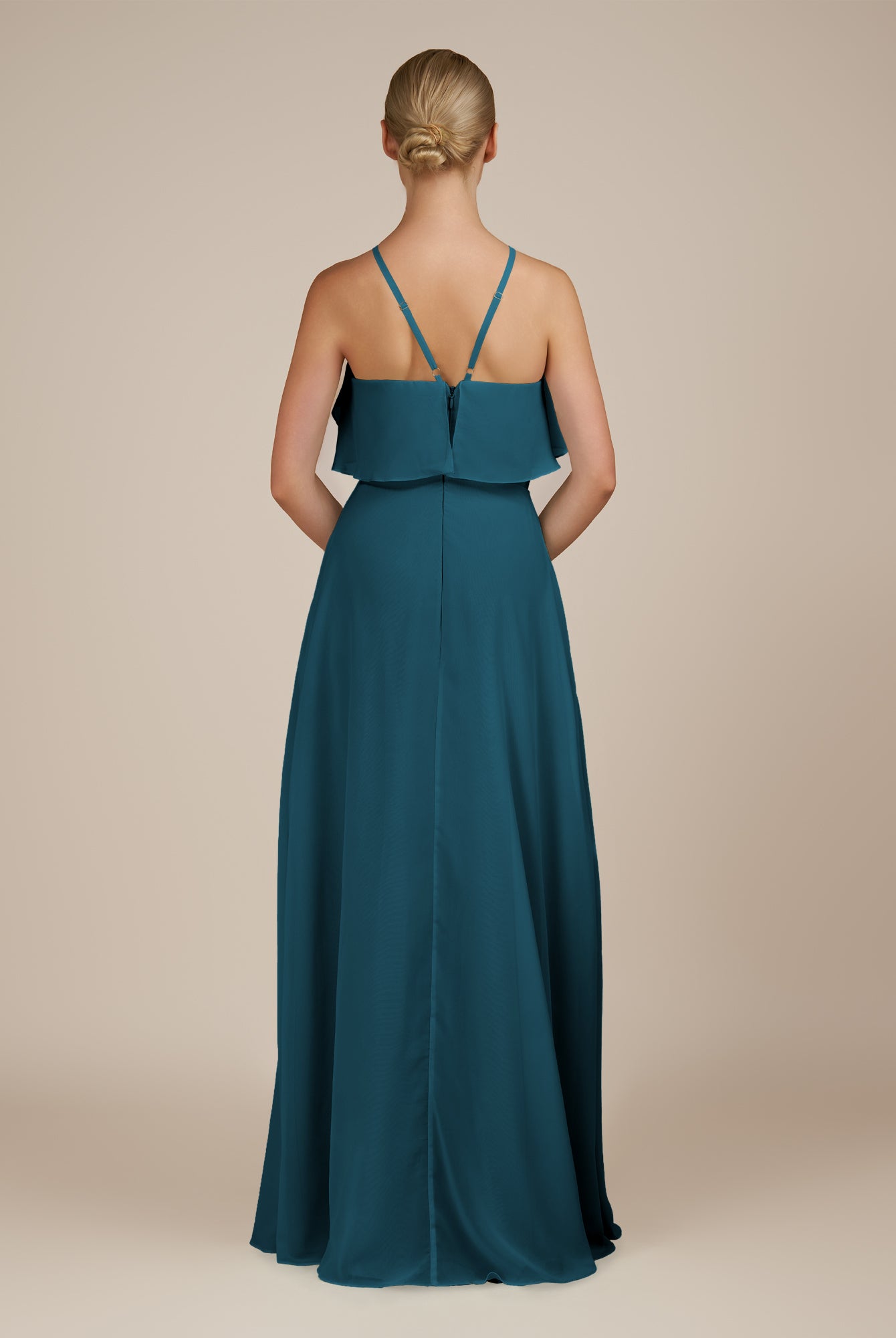KissDress-Wynne Dark Teal A Line Chiffon Halter Neck Ruffled Overlay Long Bridesmaid Dress