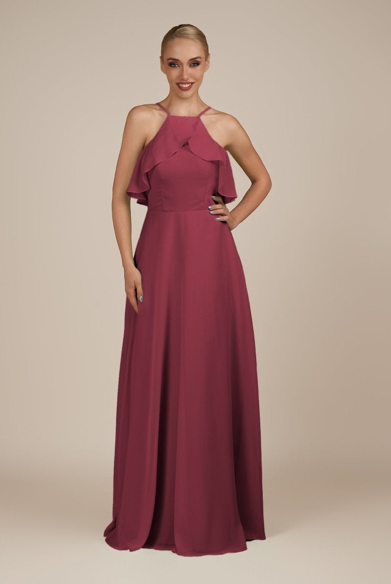 KissDress-Wynne Desert Rose A Line Chiffon Halter Neck Ruffled Overlay Long Bridesmaid Dress