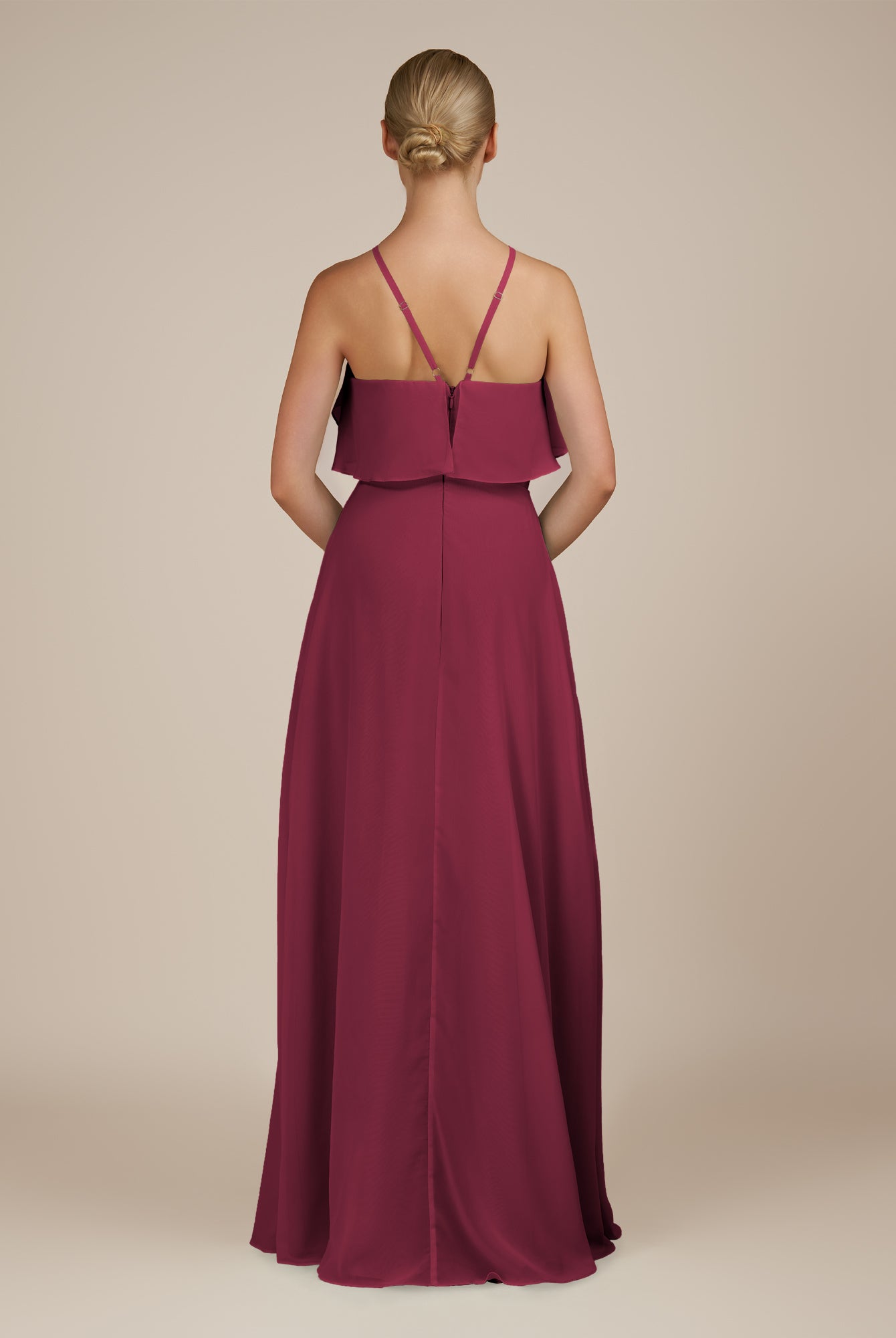 KissDress-Wynne Desert Rose A Line Chiffon Halter Neck Ruffled Overlay Long Bridesmaid Dress