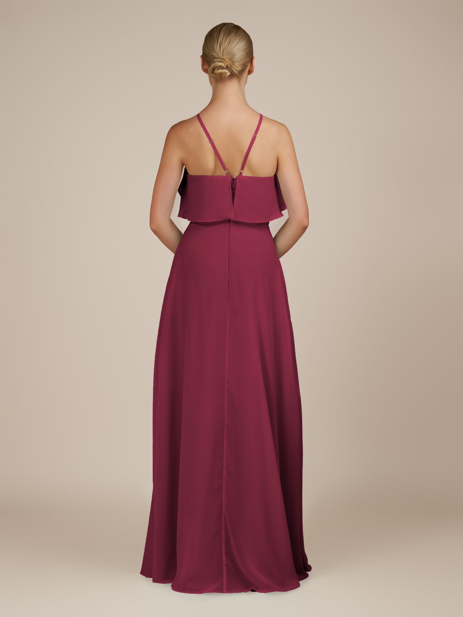 KissDress-Wynne Desert Rose A Line Chiffon Halter Neck Ruffled Overlay Long Bridesmaid Dress