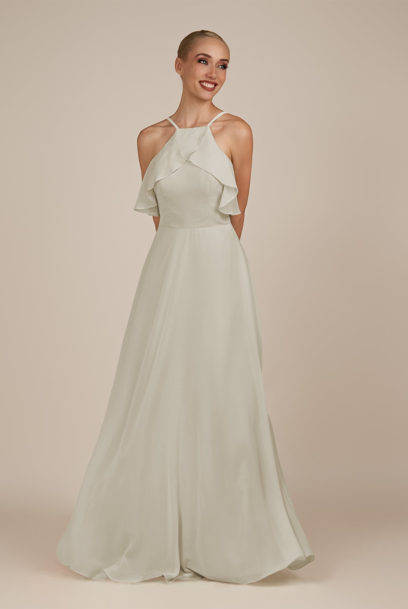 KissDress-Wynne Dove Gray A Line Chiffon Halter Neck Ruffled Overlay Long Bridesmaid Dress