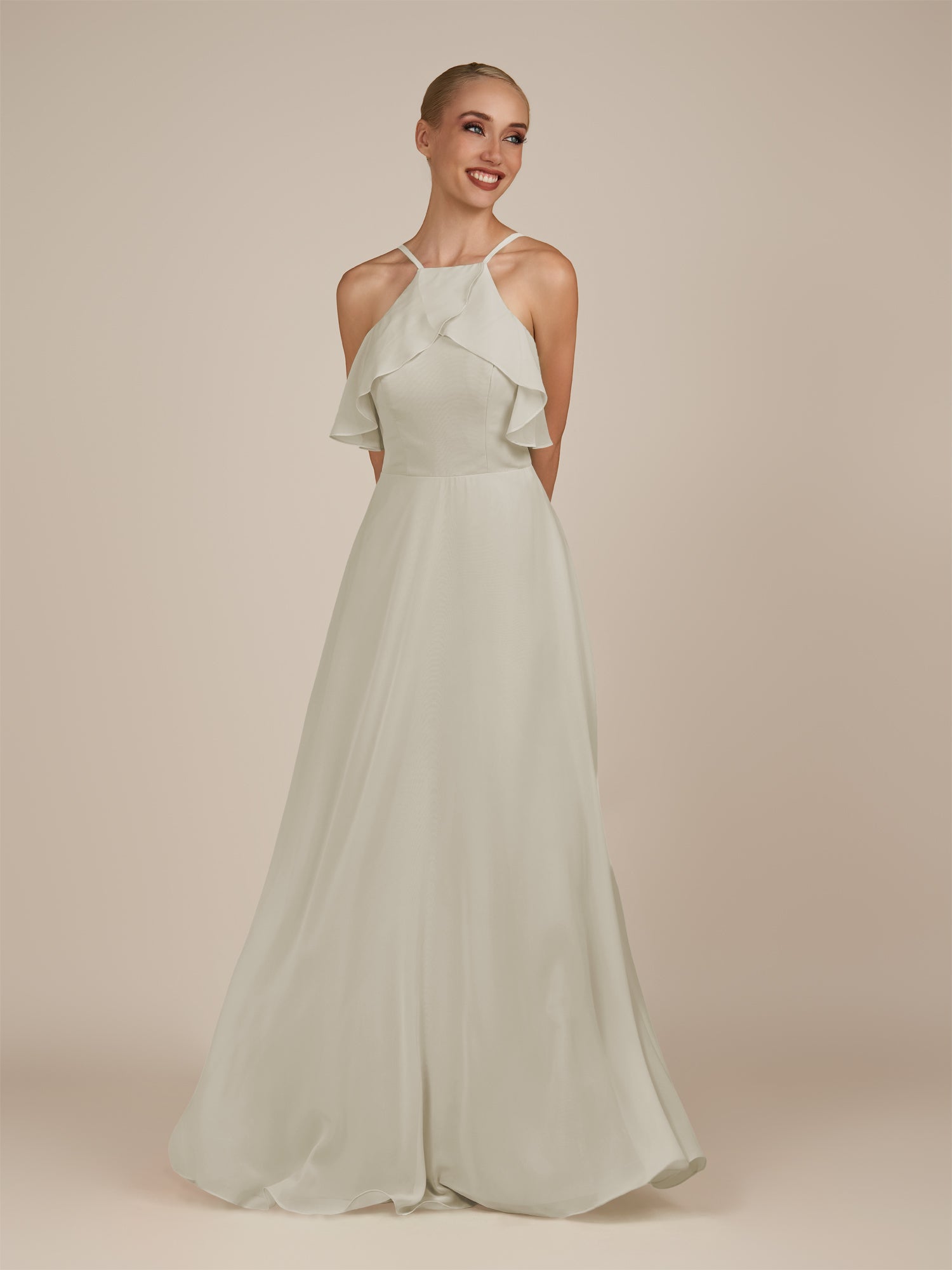 KissDress-Wynne Dove Gray A Line Chiffon Halter Neck Ruffled Overlay Long Bridesmaid Dress