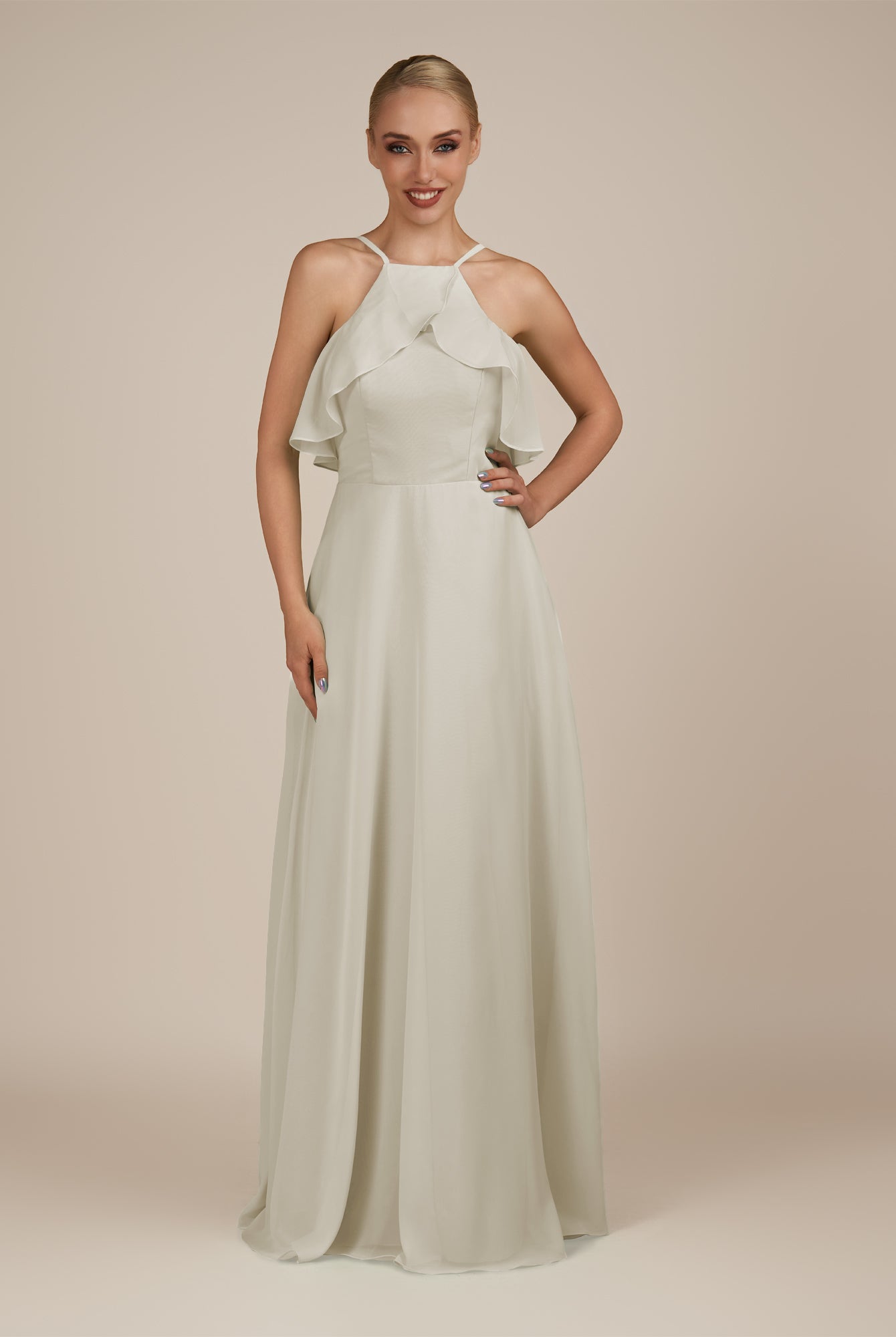 KissDress-Wynne Dove Gray A Line Chiffon Halter Neck Ruffled Overlay Long Bridesmaid Dress