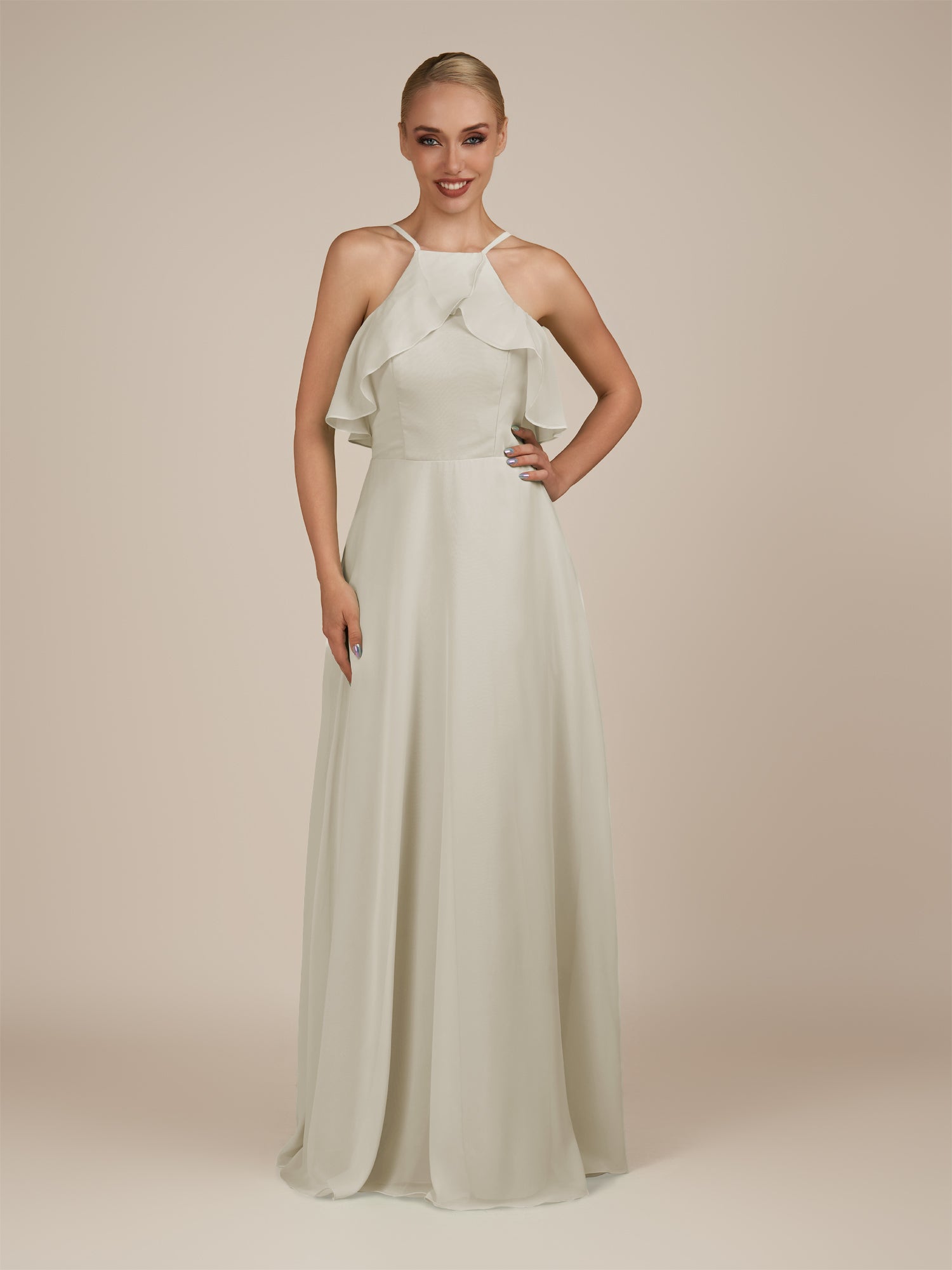 KissDress-Wynne Dove Gray A Line Chiffon Halter Neck Ruffled Overlay Long Bridesmaid Dress