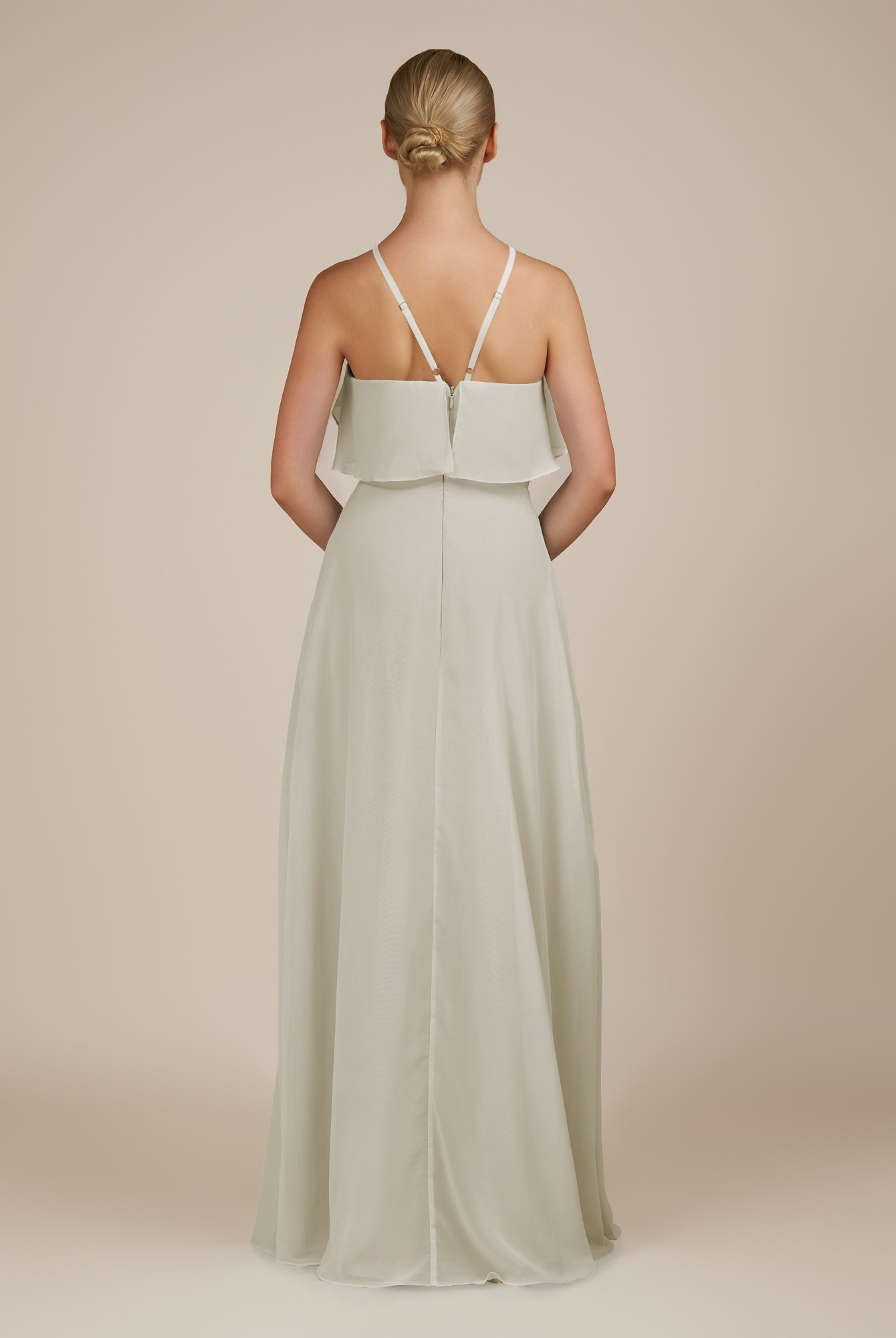 KissDress-Wynne Dove Gray A Line Chiffon Halter Neck Ruffled Overlay Long Bridesmaid Dress