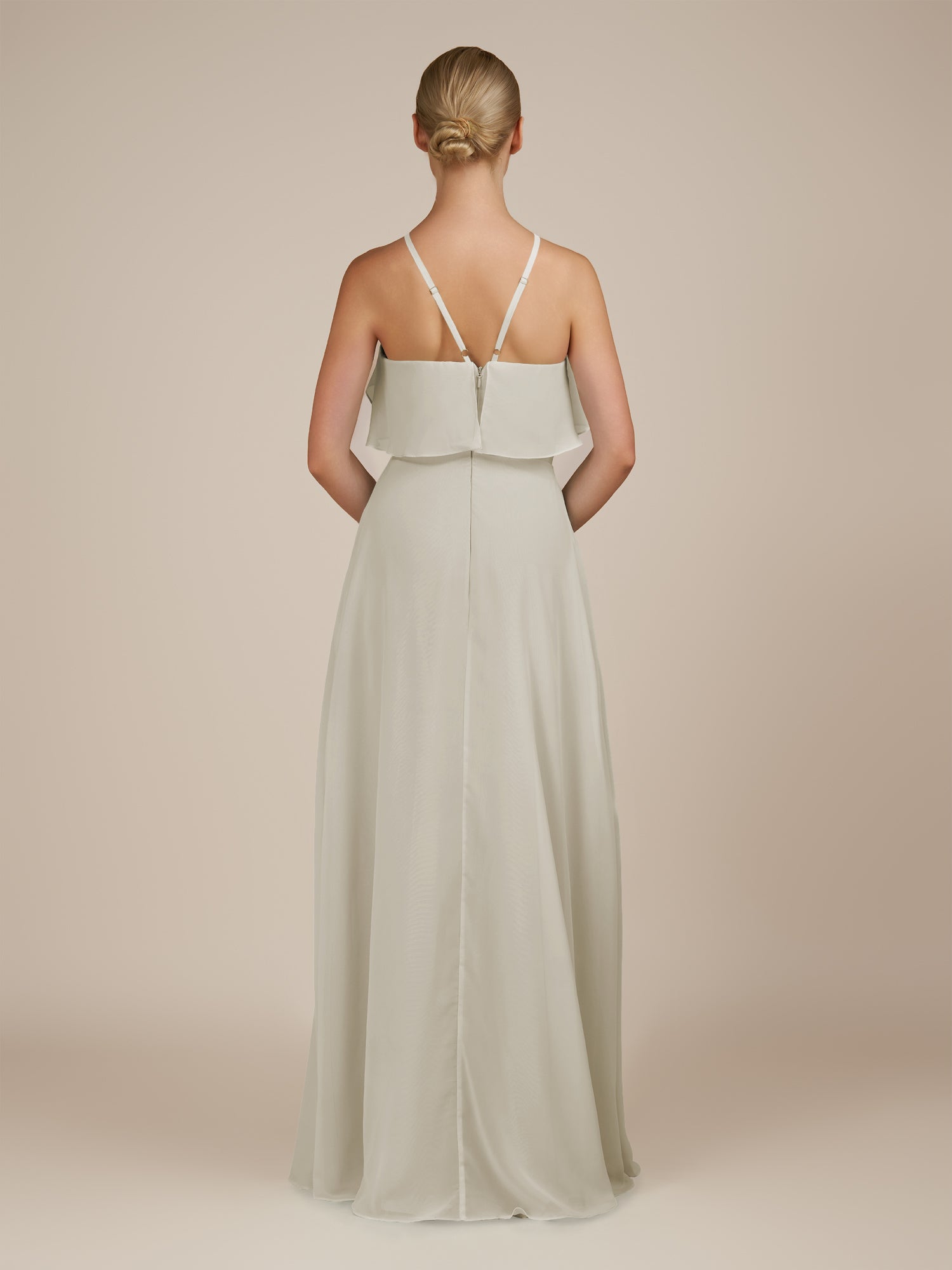 KissDress-Wynne Dove Gray A Line Chiffon Halter Neck Ruffled Overlay Long Bridesmaid Dress