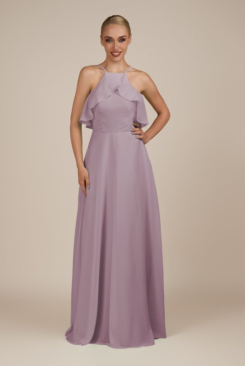KissDress-Wynne Dusk A Line Chiffon Halter Neck Ruffled Overlay Long Bridesmaid Dress