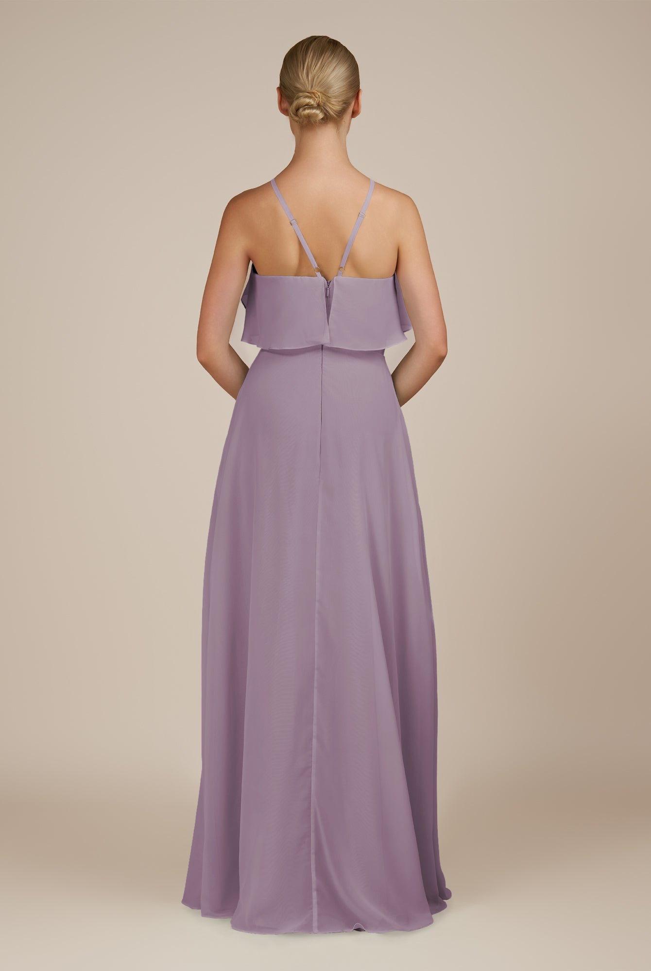 KissDress-Wynne Dusk A Line Chiffon Halter Neck Ruffled Overlay Long Bridesmaid Dress