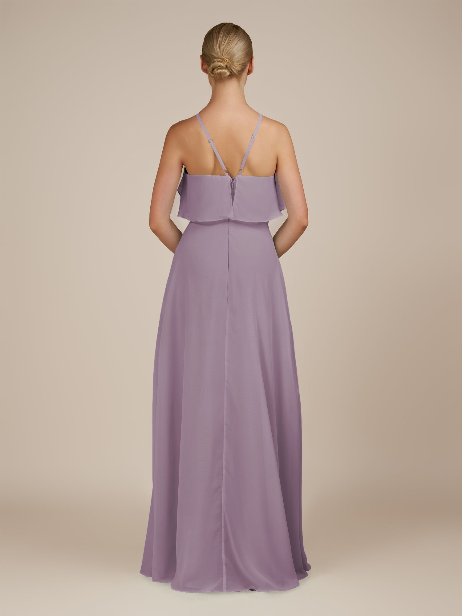 KissDress-Wynne Dusk A Line Chiffon Halter Neck Ruffled Overlay Long Bridesmaid Dress
