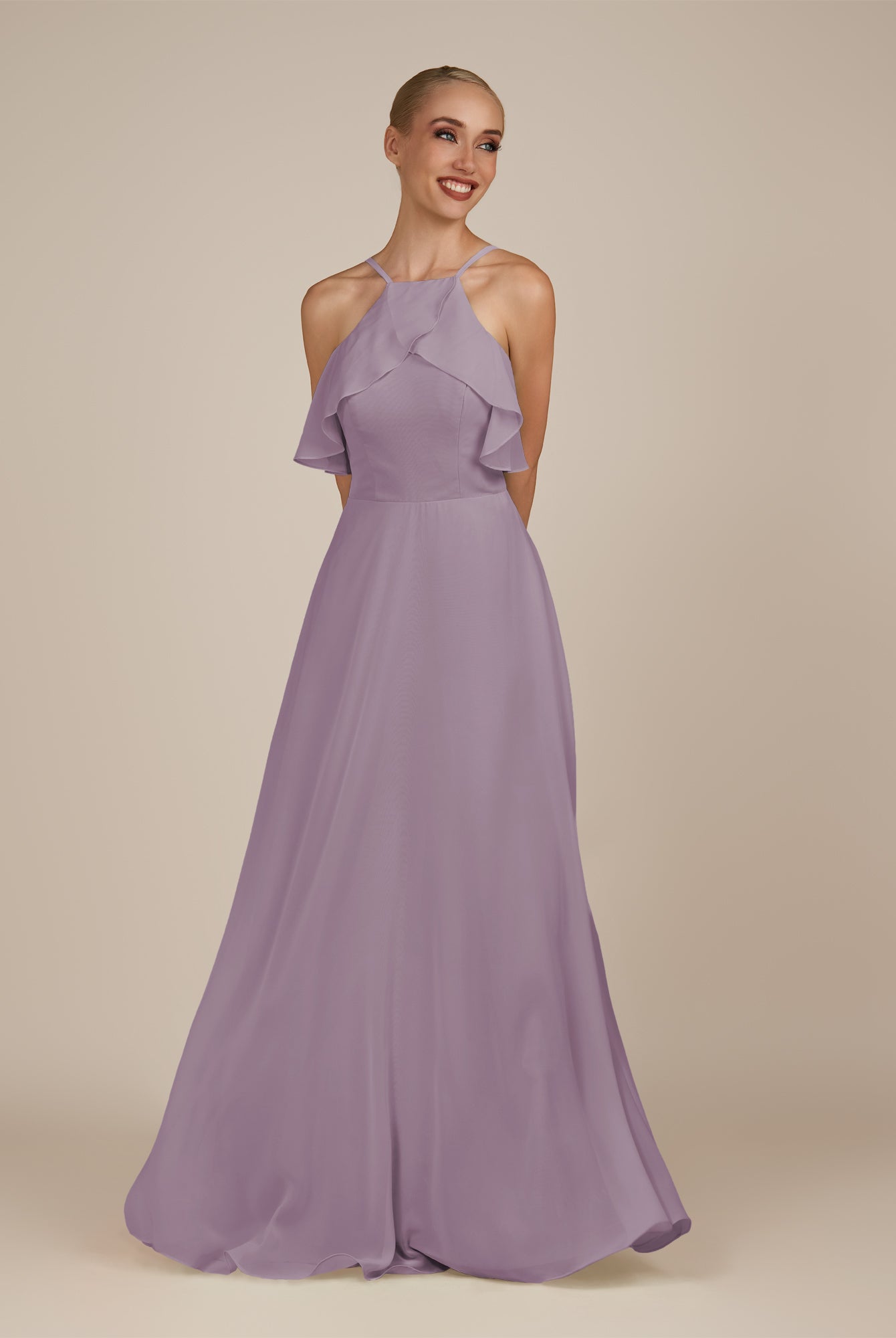KissDress-Wynne Dusk A Line Chiffon Halter Neck Ruffled Overlay Long Bridesmaid Dress