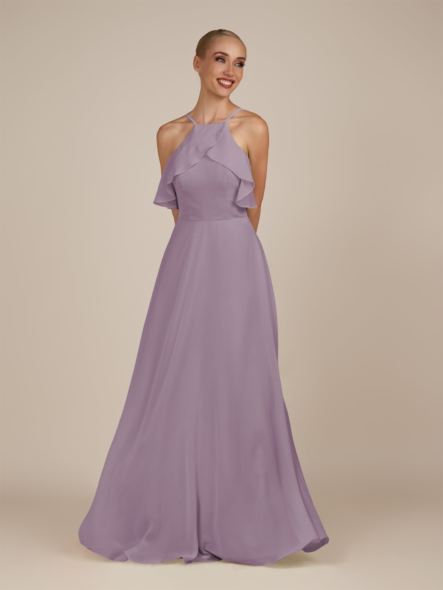 KissDress-Wynne Dusk A Line Chiffon Halter Neck Ruffled Overlay Long Bridesmaid Dress
