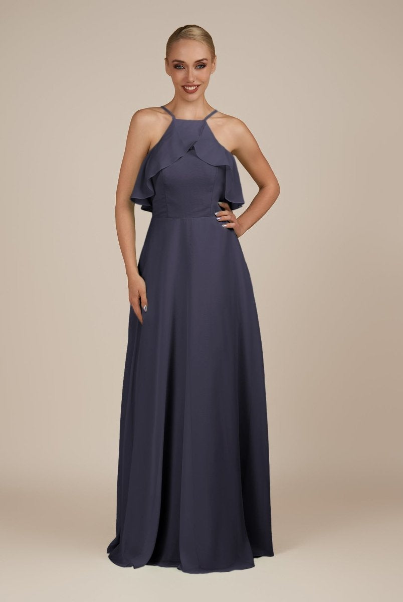 KissDress-Wynne Dusk Blue A Line Chiffon Halter Neck Ruffled Overlay Long Bridesmaid Dress