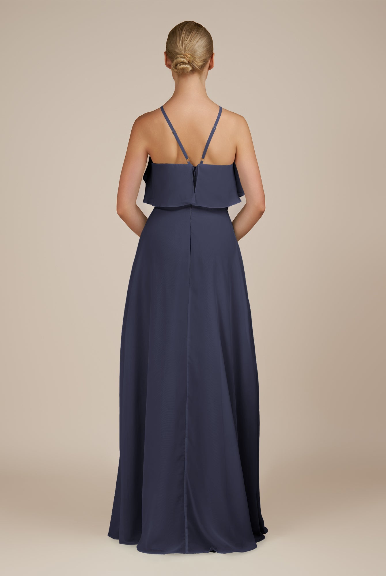 KissDress-Wynne Dusk Blue A Line Chiffon Halter Neck Ruffled Overlay Long Bridesmaid Dress
