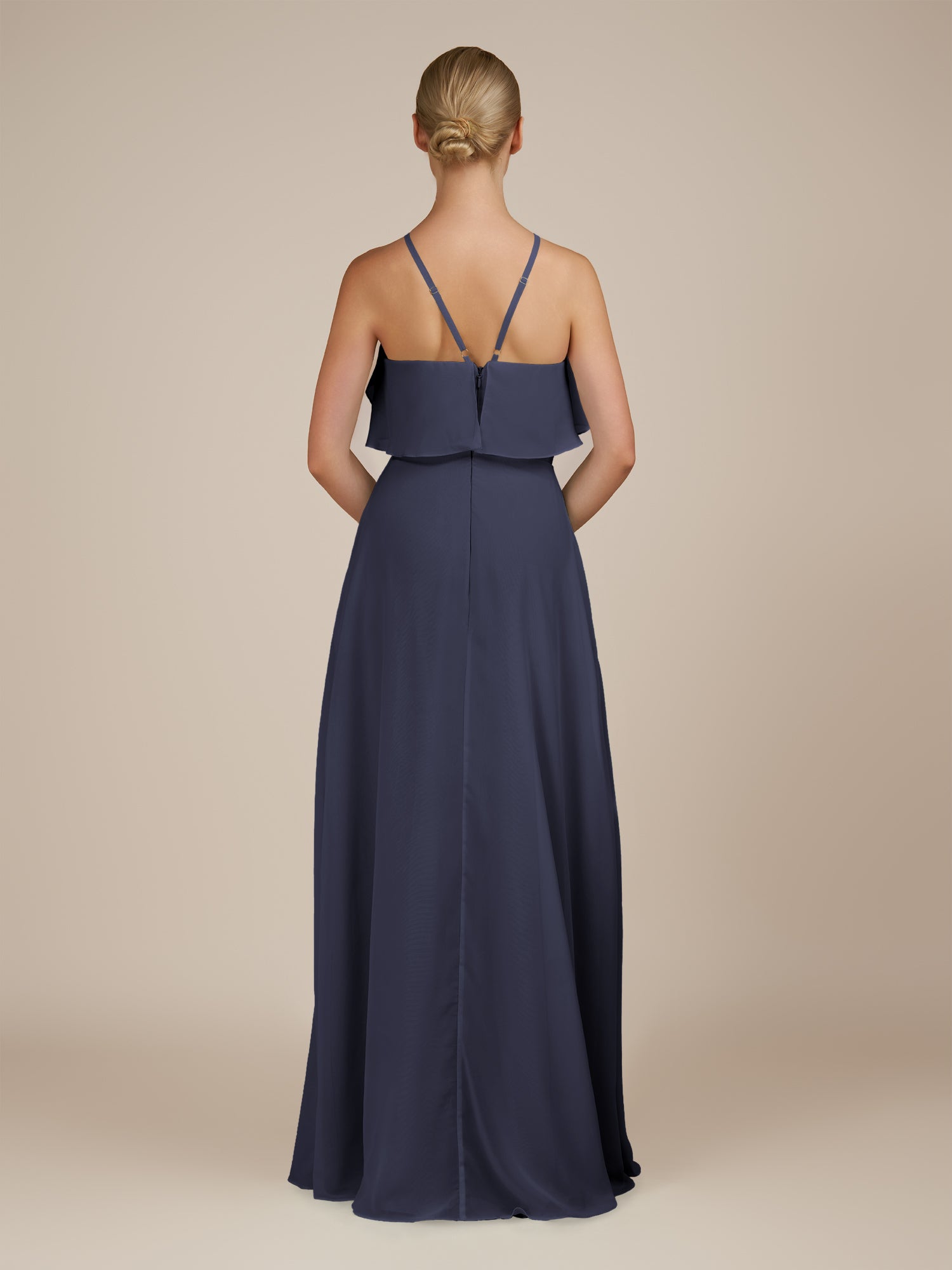 KissDress-Wynne Dusk Blue A Line Chiffon Halter Neck Ruffled Overlay Long Bridesmaid Dress