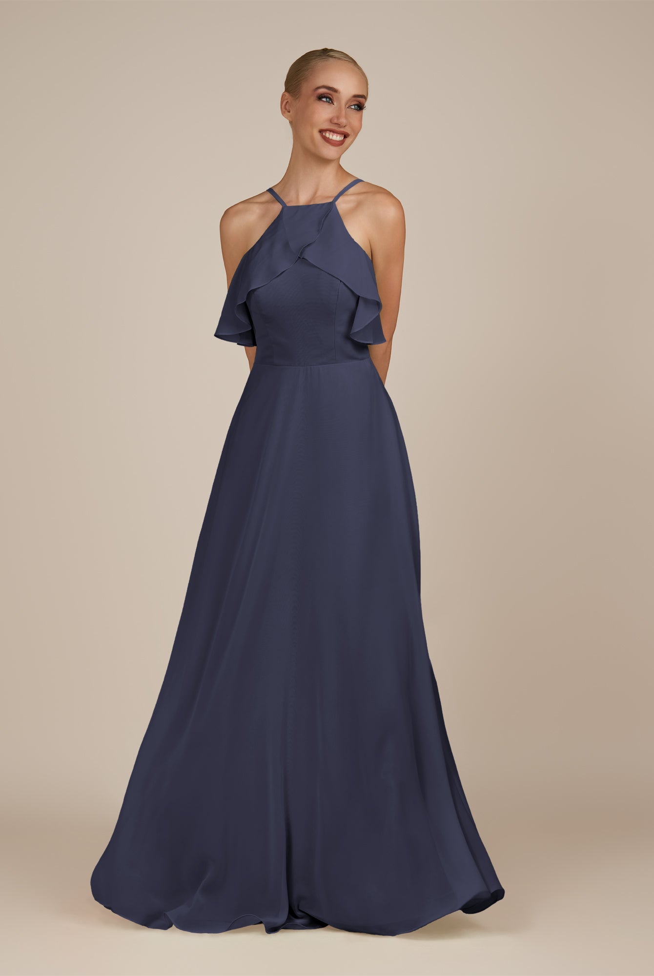 KissDress-Wynne Dusk Blue A Line Chiffon Halter Neck Ruffled Overlay Long Bridesmaid Dress