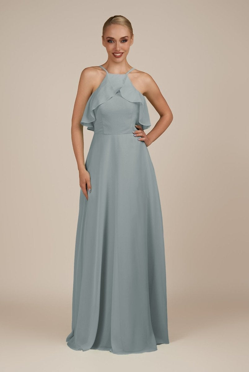 KissDress-Wynne Dusty Blue A Line Chiffon Halter Neck Ruffled Overlay Long Bridesmaid Dress