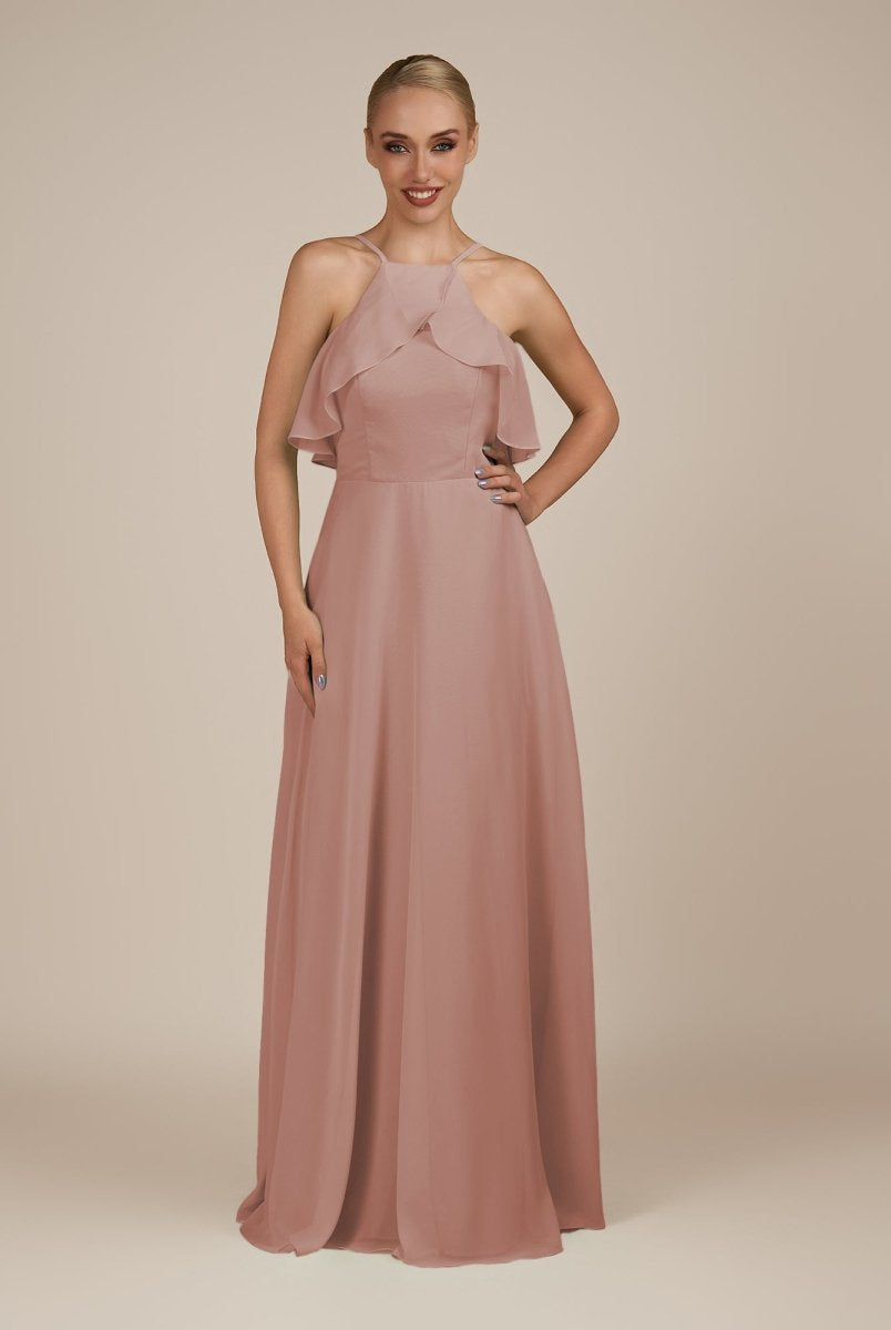 KissDress-Wynne Dusty Rose A Line Chiffon Halter Neck Ruffled Overlay Long Bridesmaid Dress