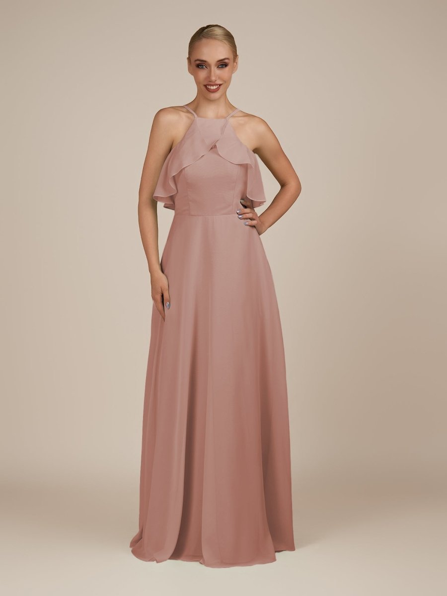 KissDress-Wynne Dusty Rose A Line Chiffon Halter Neck Ruffled Overlay Long Bridesmaid Dress