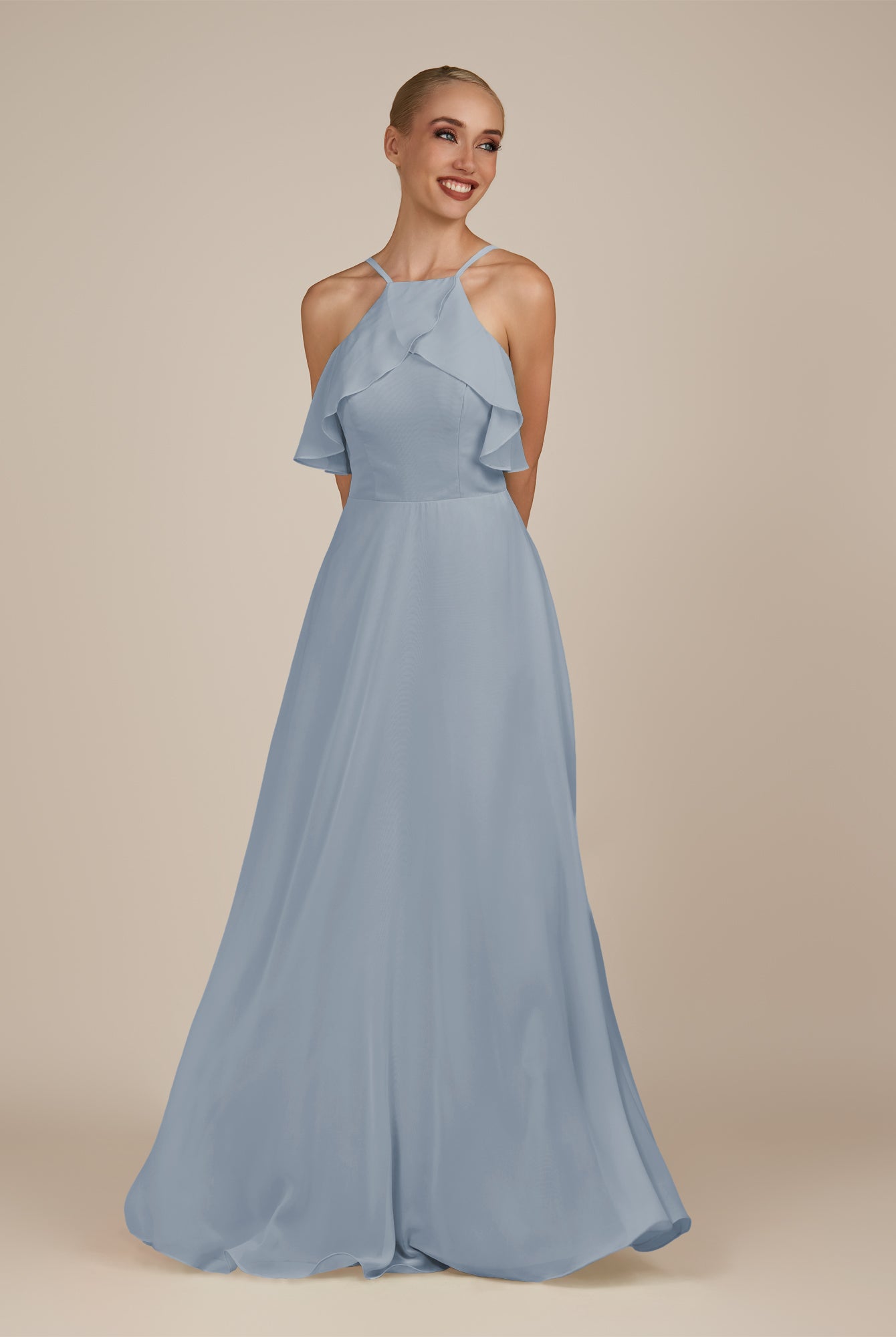 KissDress-Wynne Dusty Blue A Line Chiffon Halter Neck Ruffled Overlay Long Bridesmaid Dress