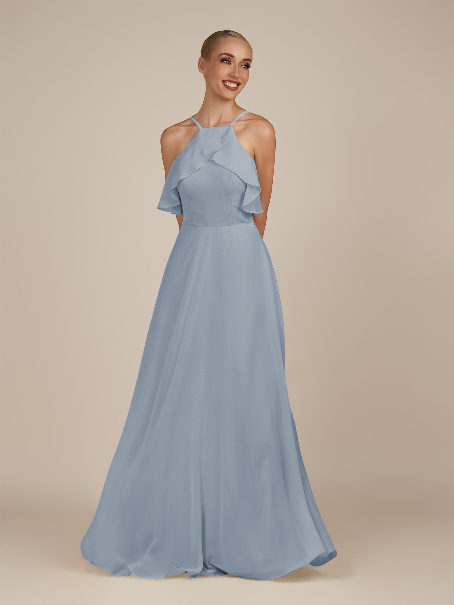 KissDress-Wynne Dusty Blue A Line Chiffon Halter Neck Ruffled Overlay Long Bridesmaid Dress
