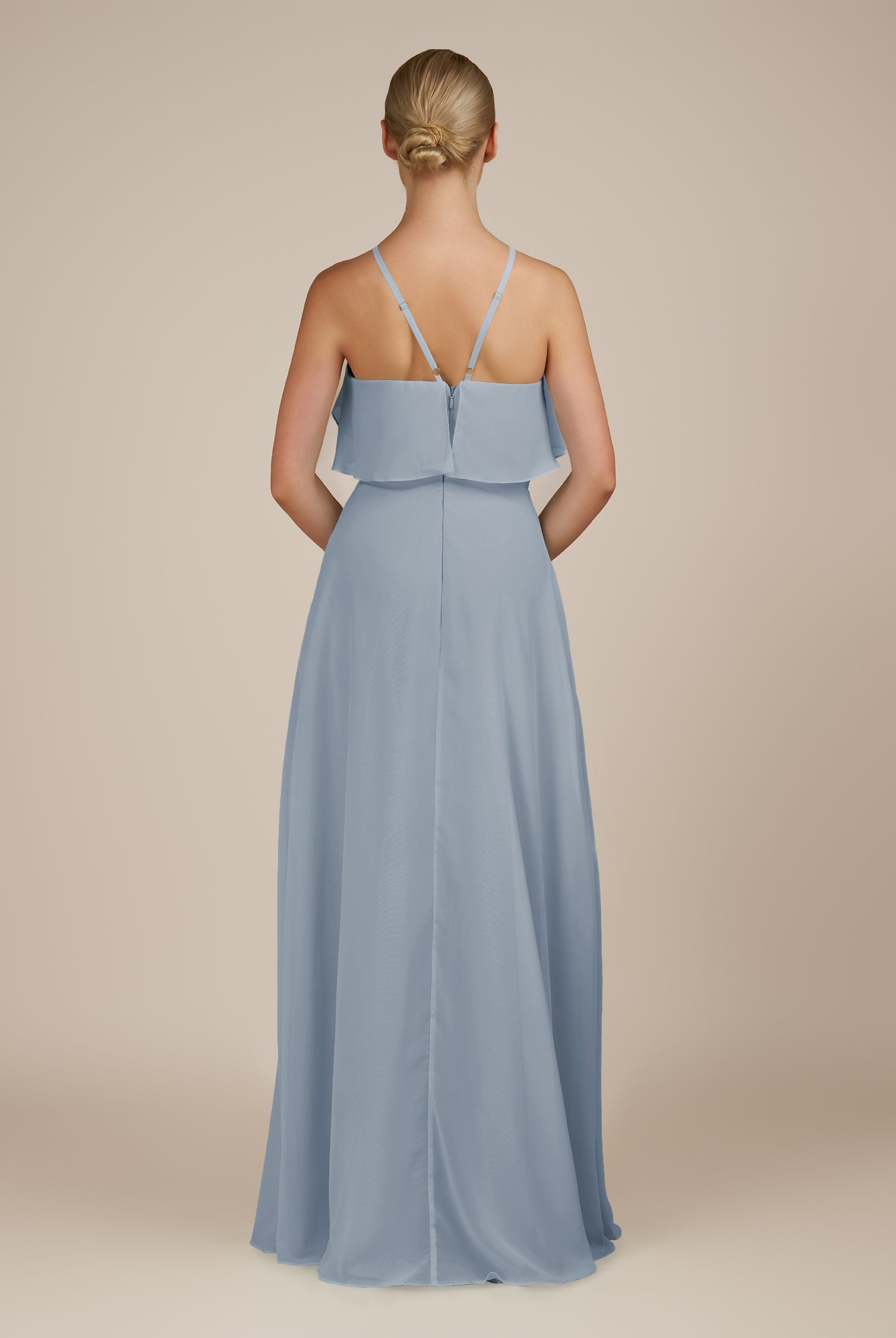KissDress-Wynne Dusty Blue A Line Chiffon Halter Neck Ruffled Overlay Long Bridesmaid Dress