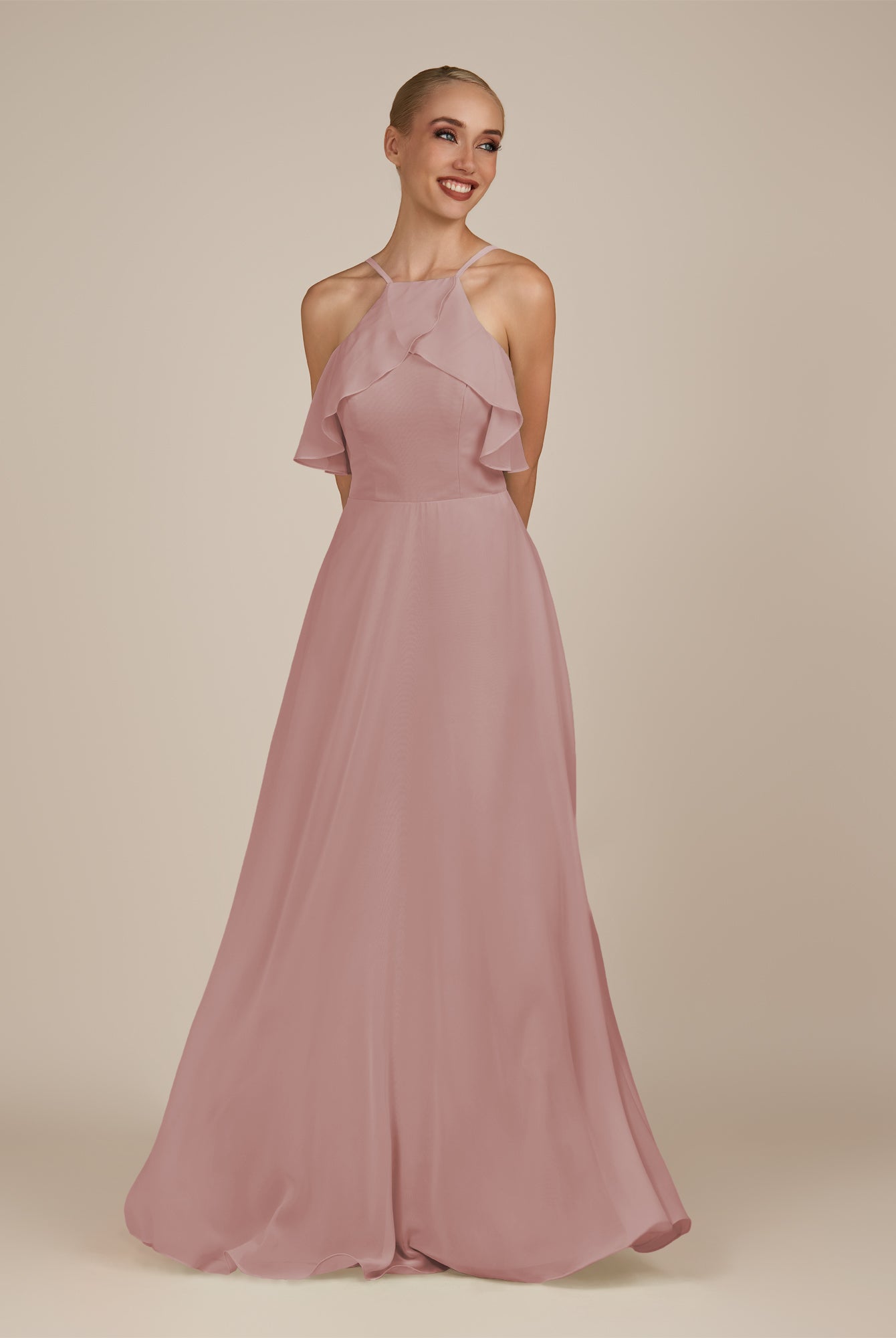 KissDress-Wynne Dusty Rose A Line Chiffon Halter Neck Ruffled Overlay Long Bridesmaid Dress