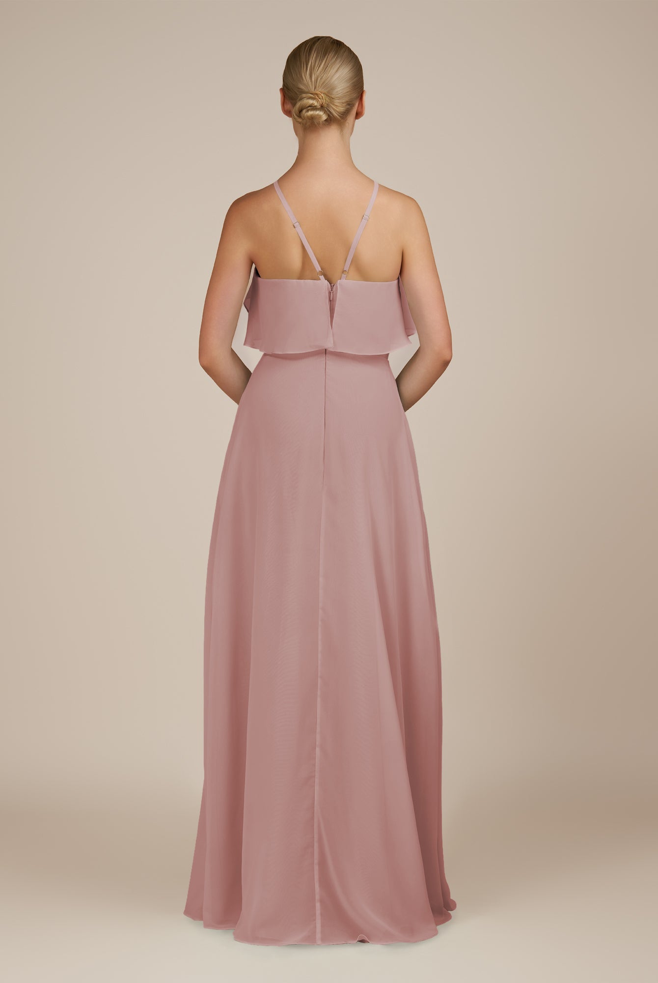 KissDress-Wynne Dusty Rose A Line Chiffon Halter Neck Ruffled Overlay Long Bridesmaid Dress
