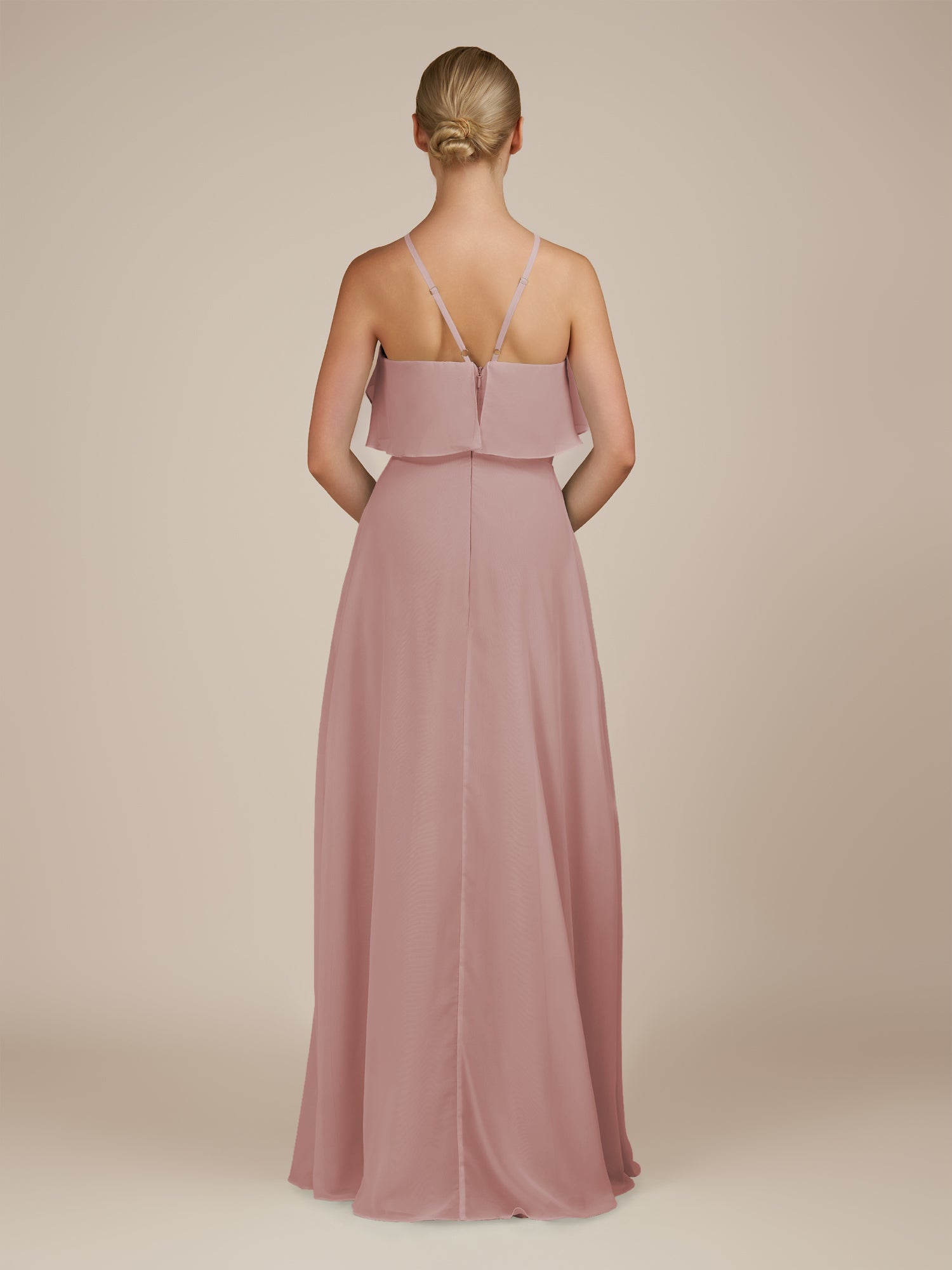 KissDress-Wynne Dusty Rose A Line Chiffon Halter Neck Ruffled Overlay Long Bridesmaid Dress