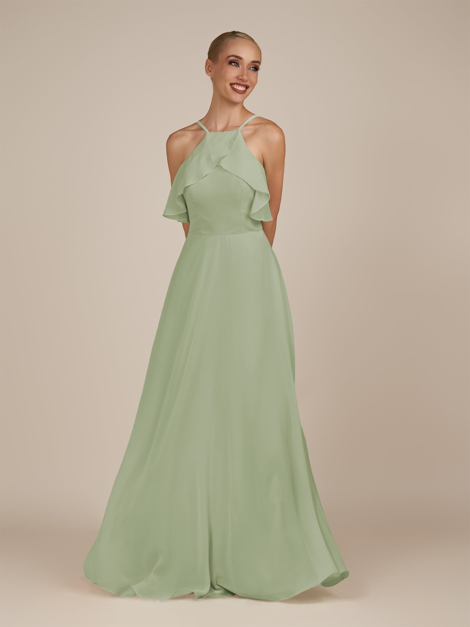 KissDress-Wynne Dusty Sage A Line Chiffon Halter Neck Ruffled Overlay Long Bridesmaid Dress