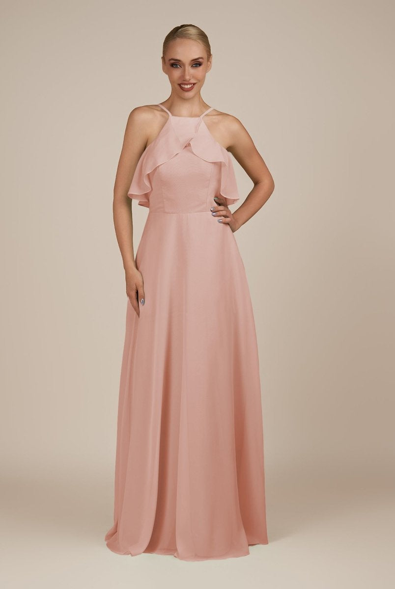 KissDress-Wynne English Rose A Line Chiffon Halter Neck Ruffled Overlay Long Bridesmaid Dress