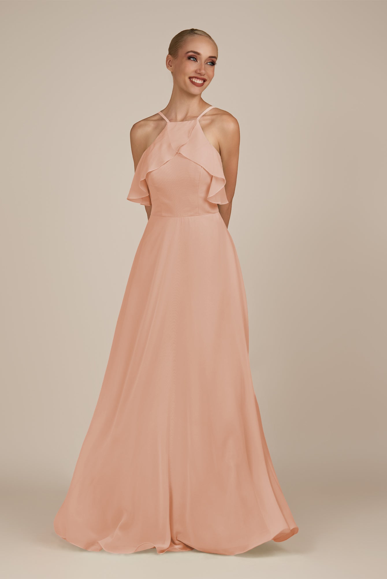 KissDress-Wynne English Rose A Line Chiffon Halter Neck Ruffled Overlay Long Bridesmaid Dress