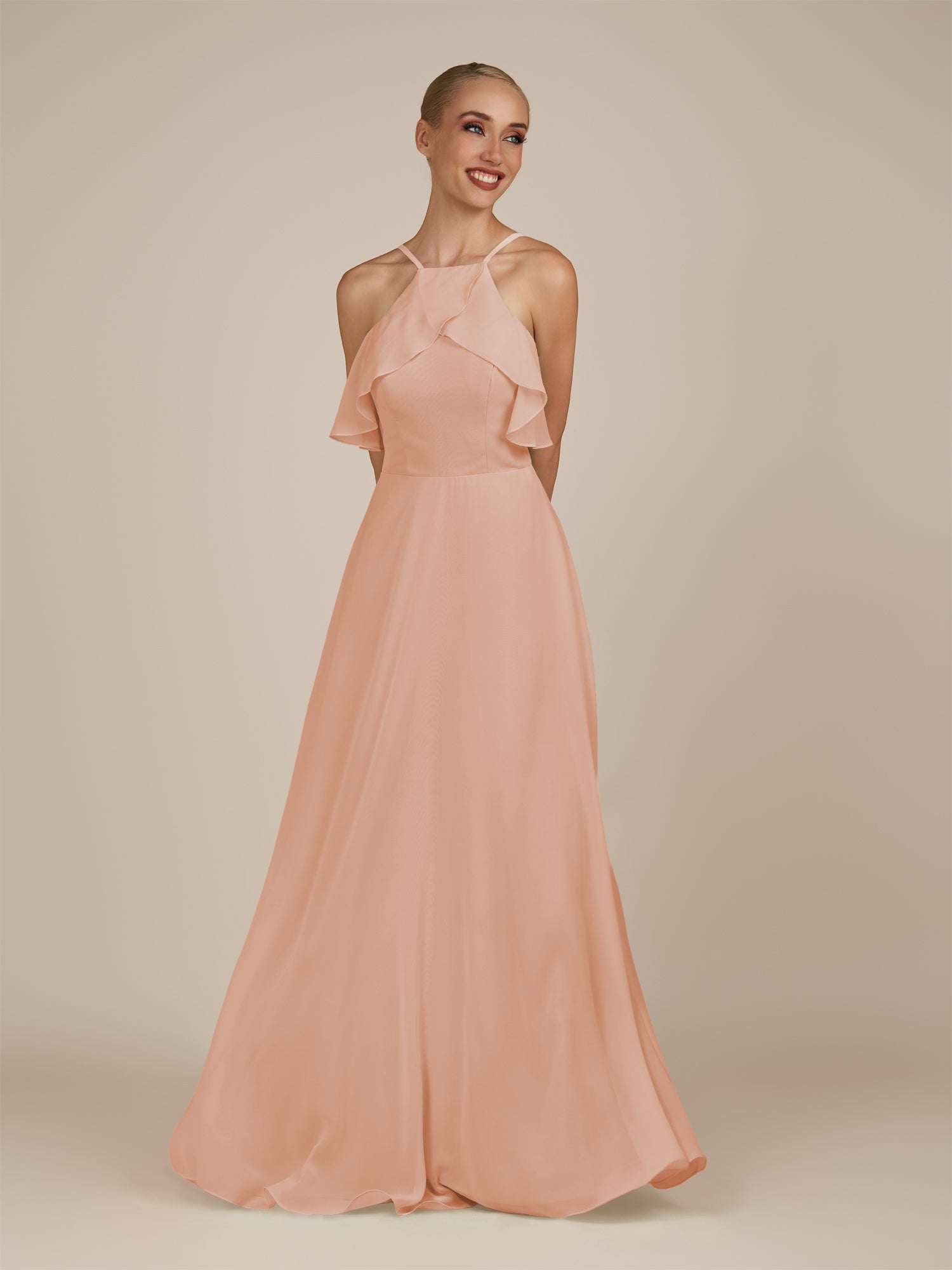 KissDress-Wynne English Rose A Line Chiffon Halter Neck Ruffled Overlay Long Bridesmaid Dress