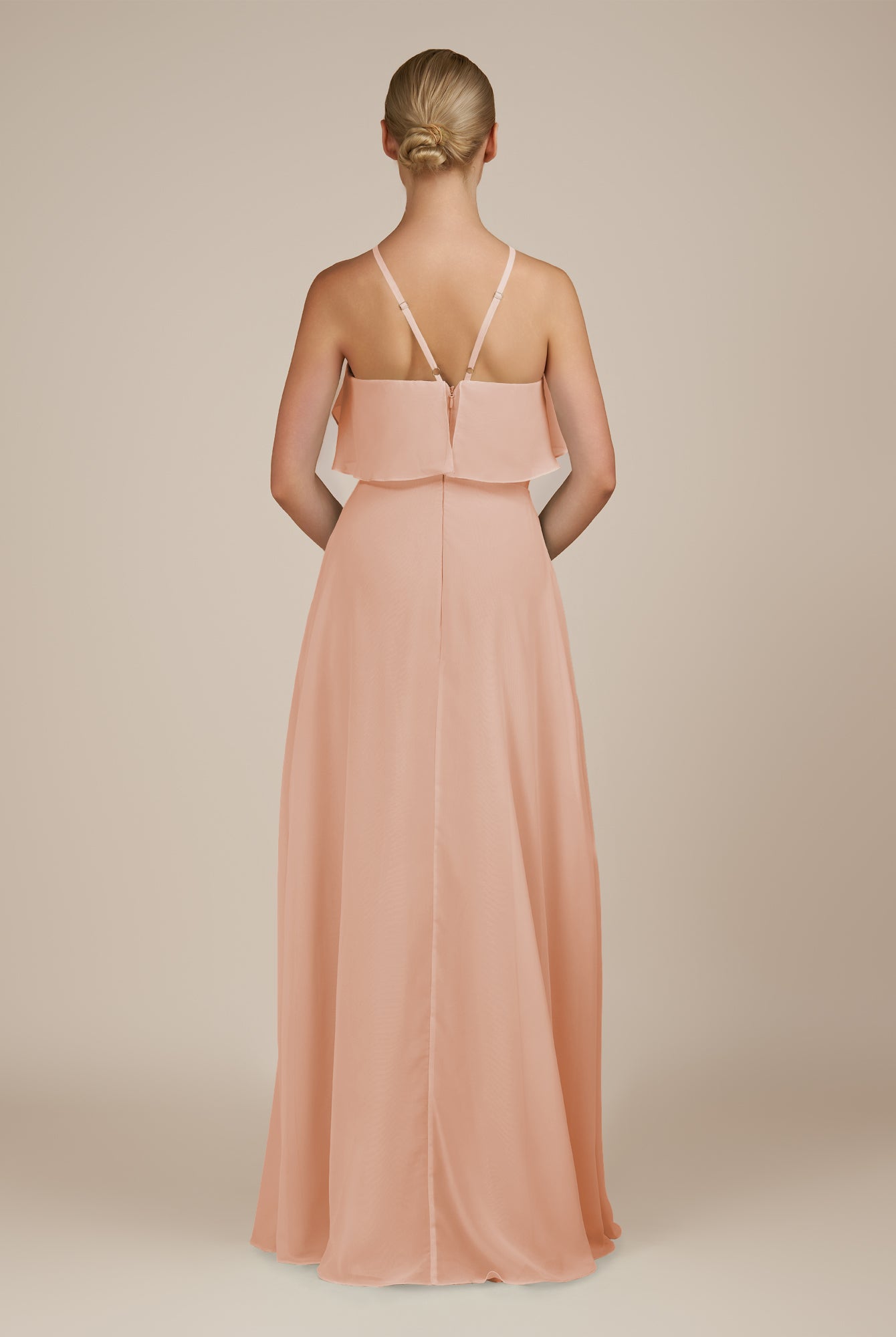 KissDress-Wynne English Rose A Line Chiffon Halter Neck Ruffled Overlay Long Bridesmaid Dress