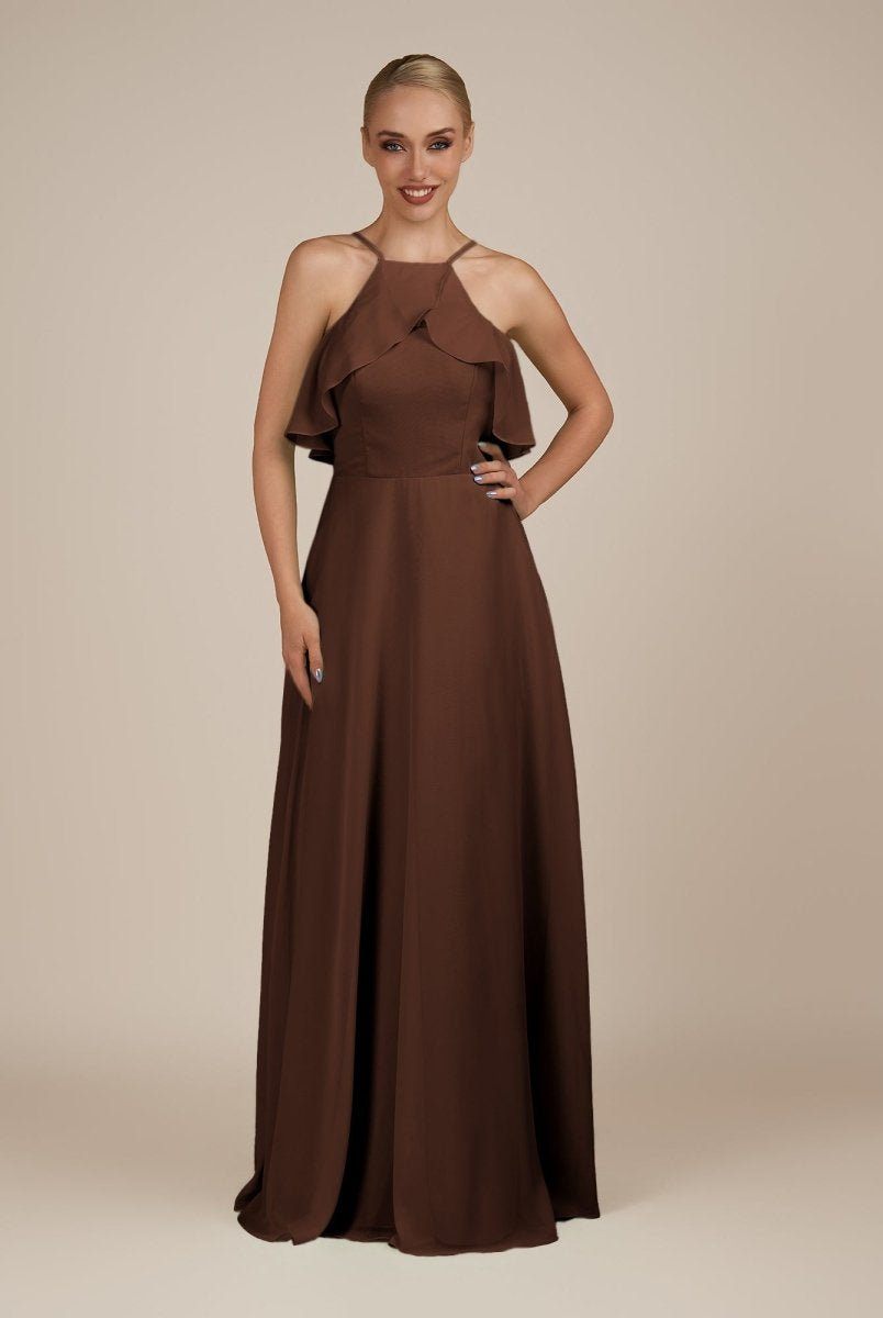 KissDress-Wynne Espresso A Line Chiffon Halter Neck Ruffled Overlay Long Bridesmaid Dress