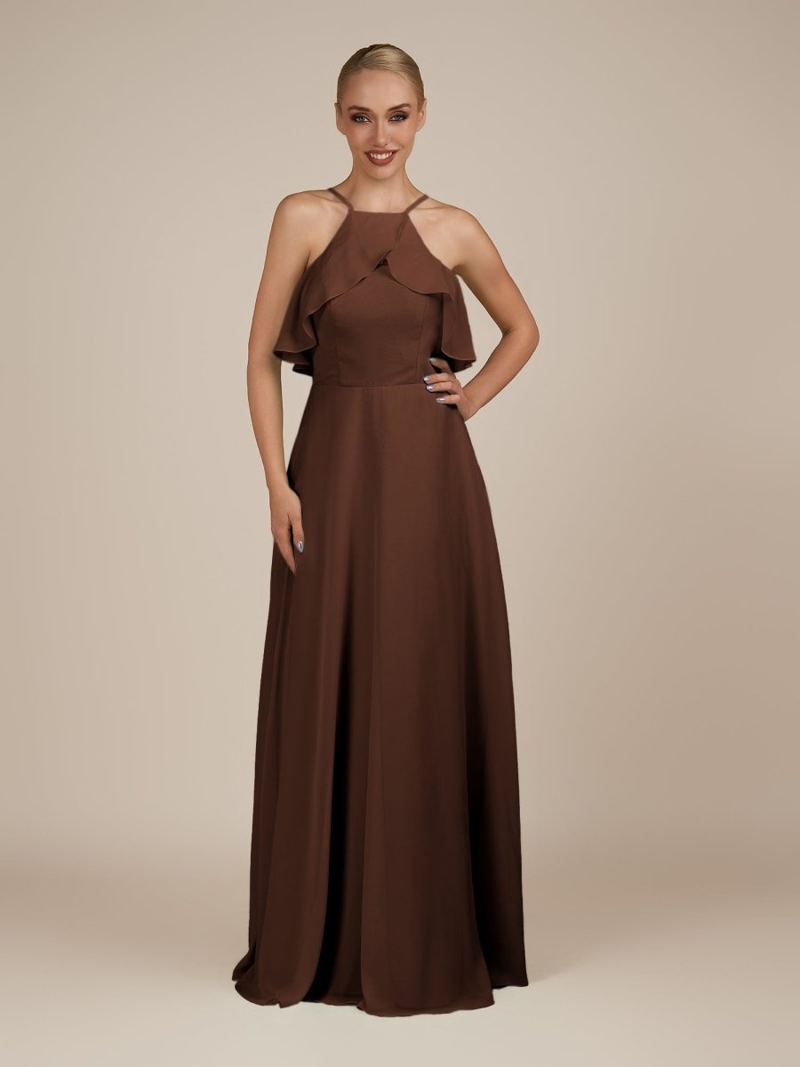 KissDress-Wynne Espresso A Line Chiffon Halter Neck Ruffled Overlay Long Bridesmaid Dress