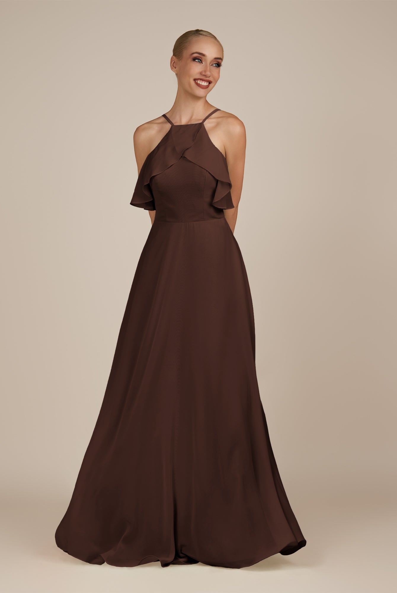 KissDress-Wynne Espresso A Line Chiffon Halter Neck Ruffled Overlay Long Bridesmaid Dress