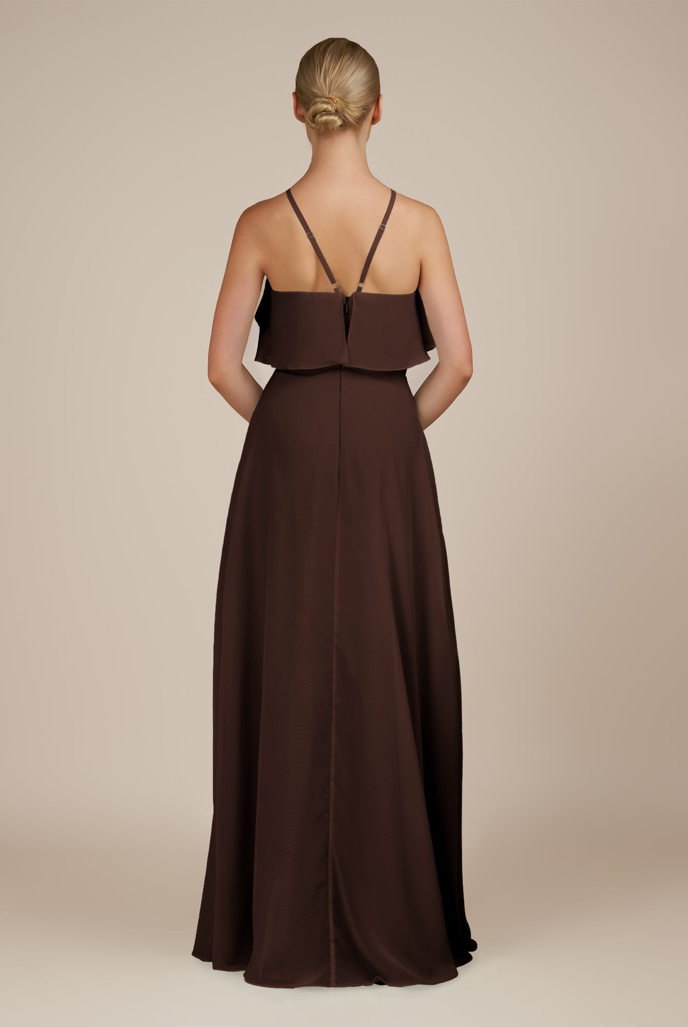KissDress-Wynne Espresso A Line Chiffon Halter Neck Ruffled Overlay Long Bridesmaid Dress