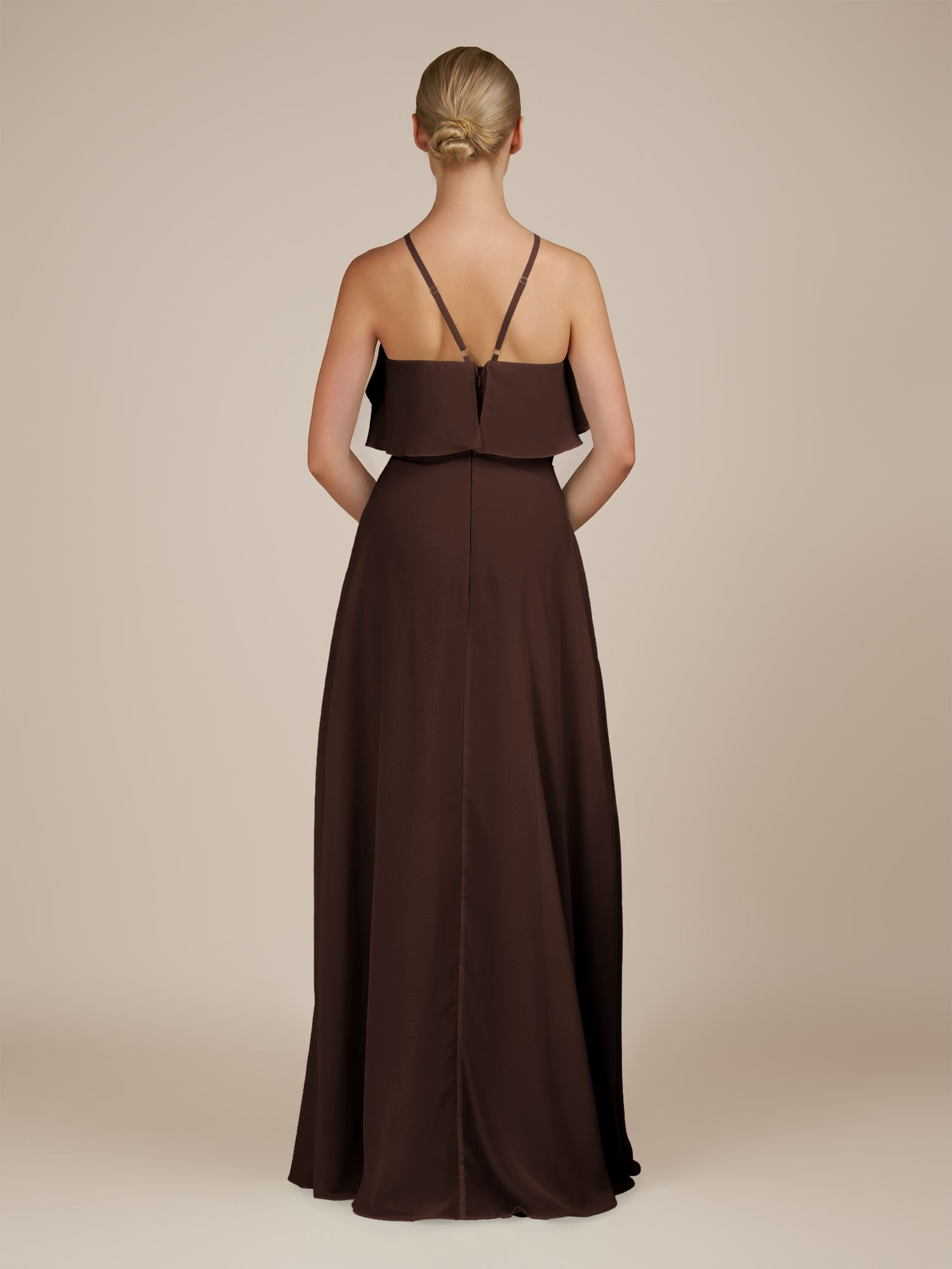 KissDress-Wynne Espresso A Line Chiffon Halter Neck Ruffled Overlay Long Bridesmaid Dress