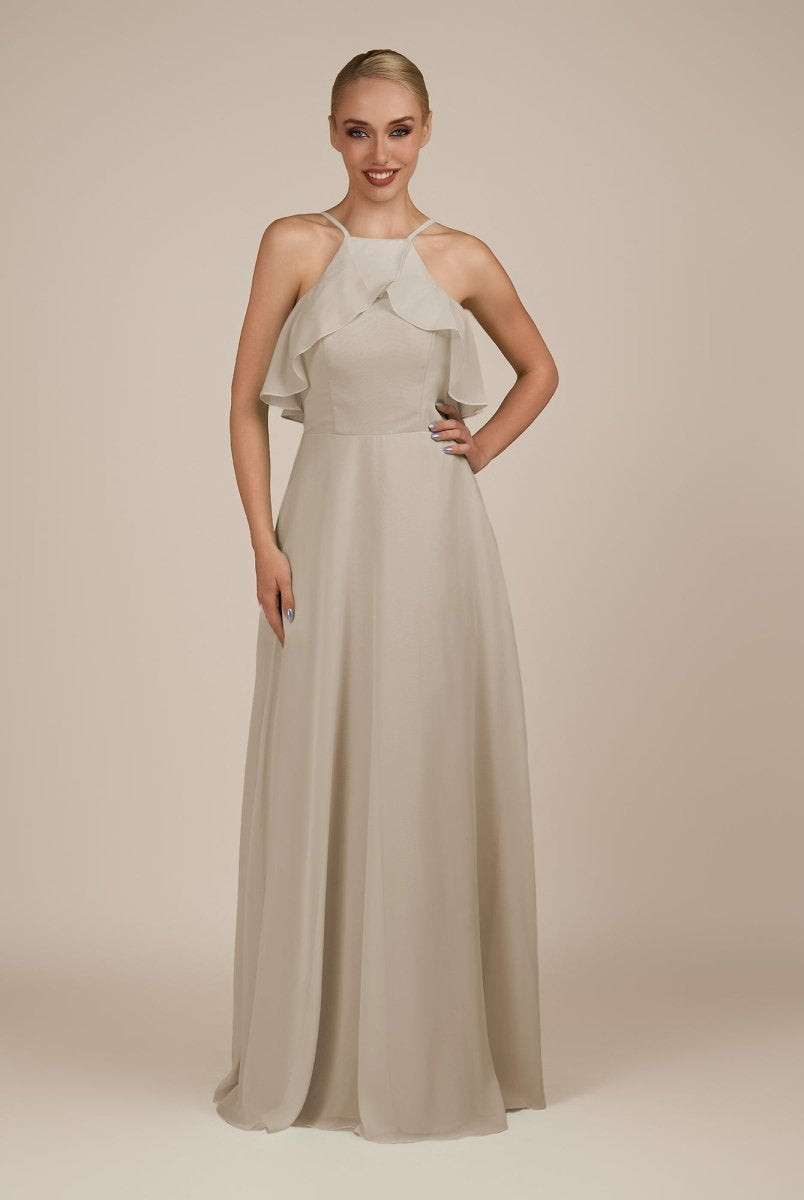 KissDress-Wynne Frost A Line Chiffon Halter Neck Ruffled Overlay Long Bridesmaid Dress